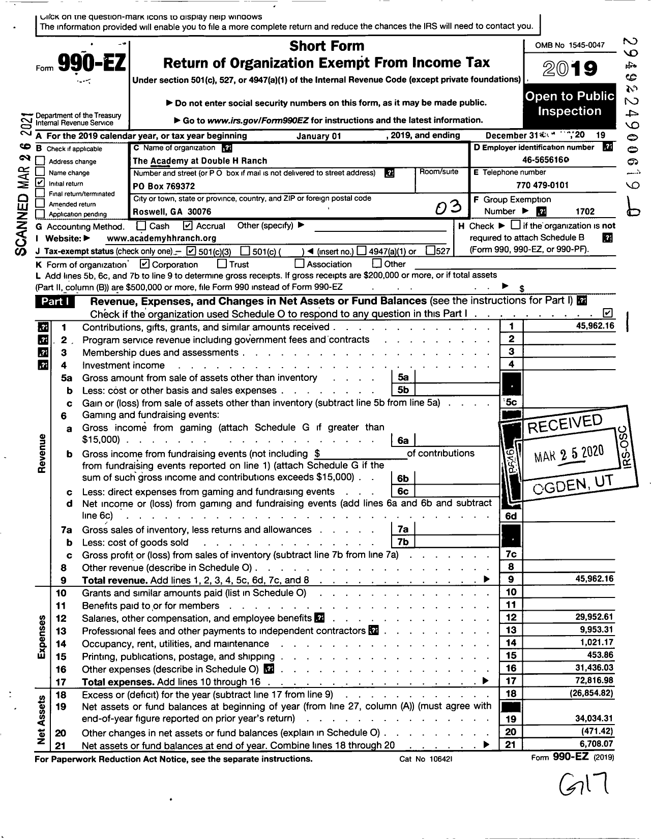 Image of first page of 2019 Form 990EZ for The Academy at Double H Ranch