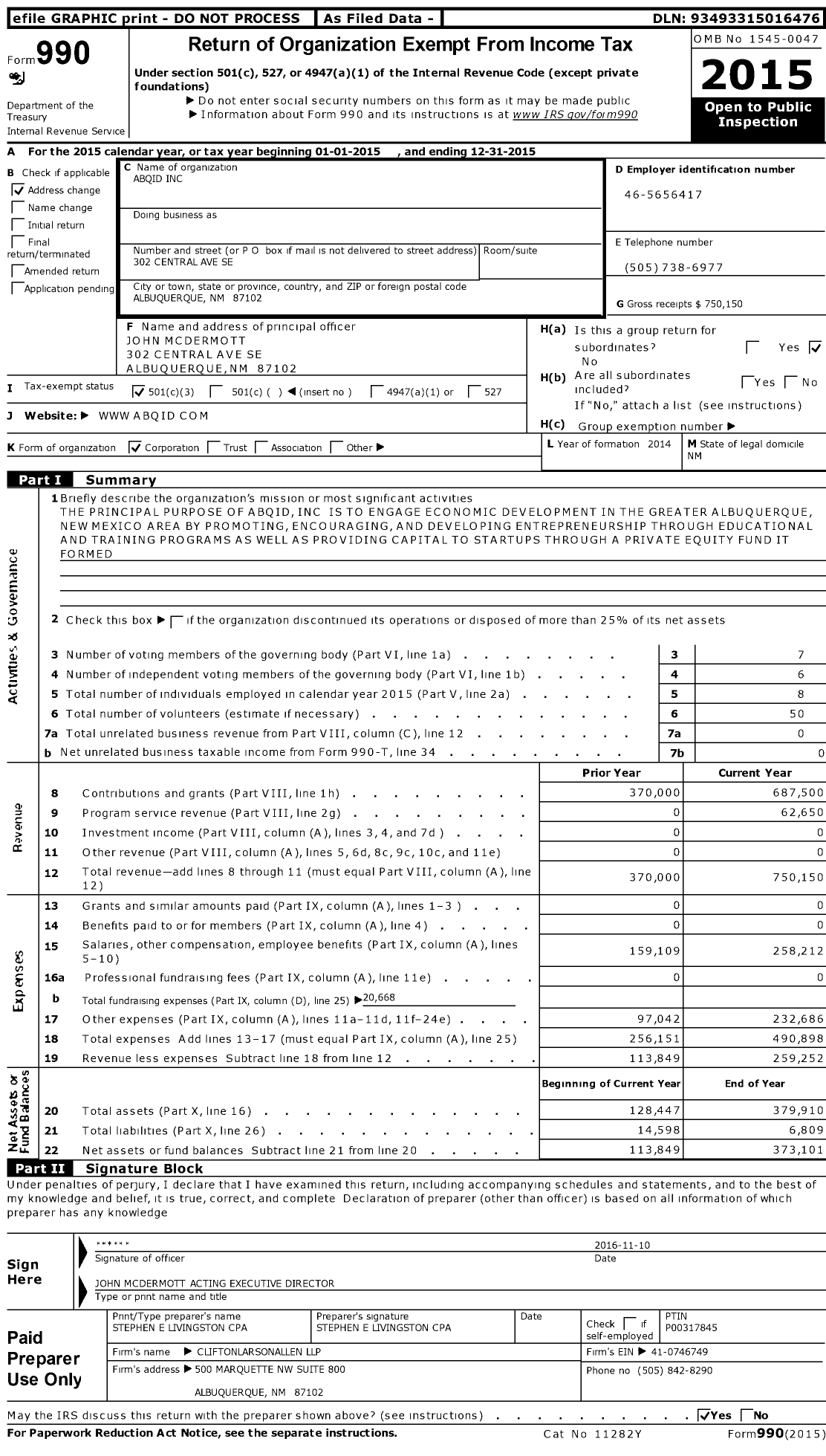 Image of first page of 2015 Form 990 for ABQid