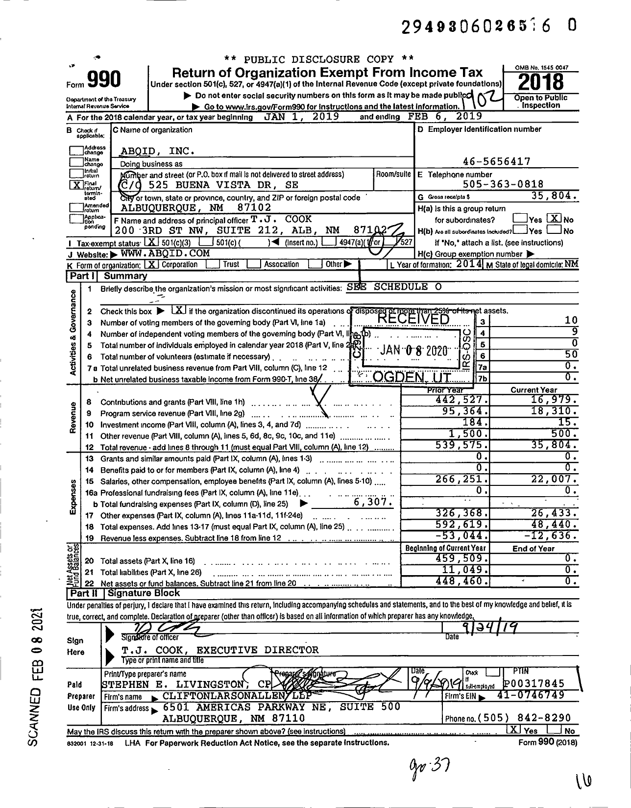 Image of first page of 2018 Form 990 for ABQid