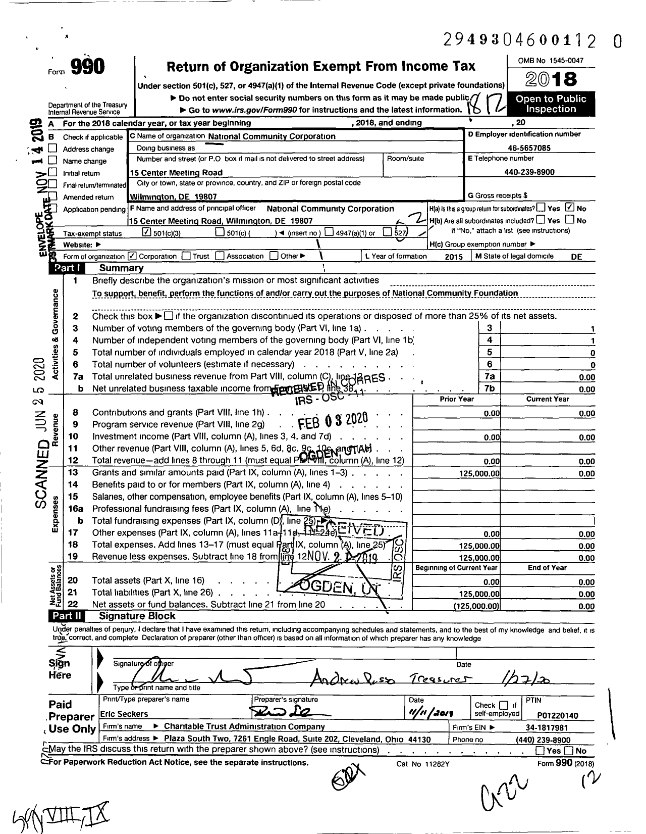 Image of first page of 2018 Form 990 for National Community Corporation