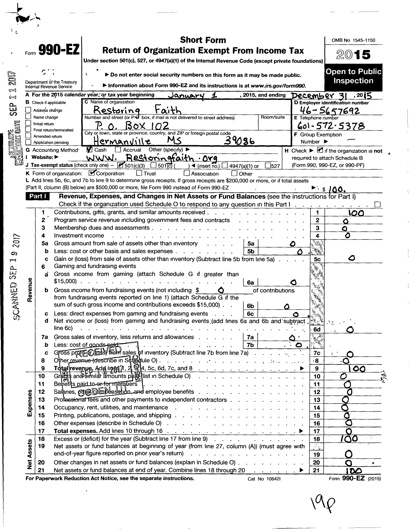 Image of first page of 2015 Form 990EZ for Restoring Faith