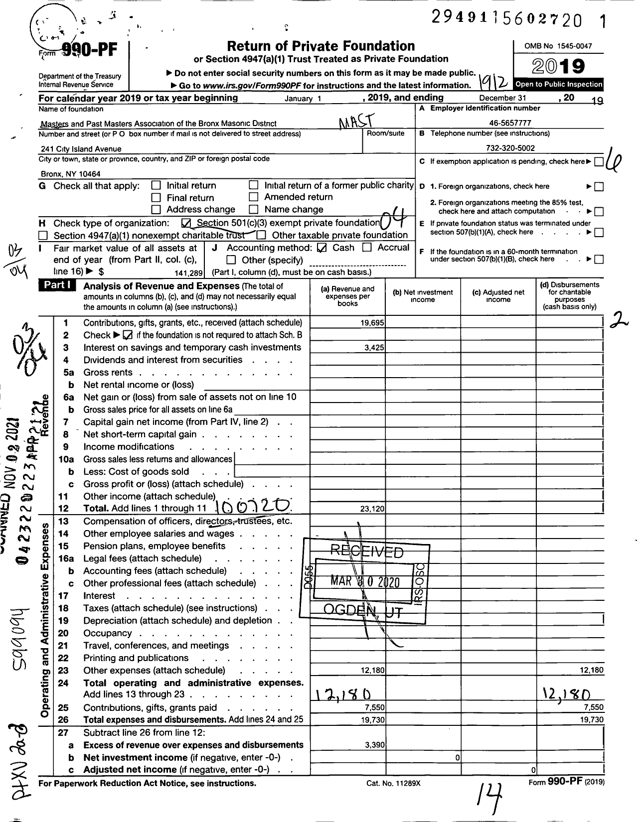 Image of first page of 2019 Form 990PF for masters and past masters association of the bronx masonic district