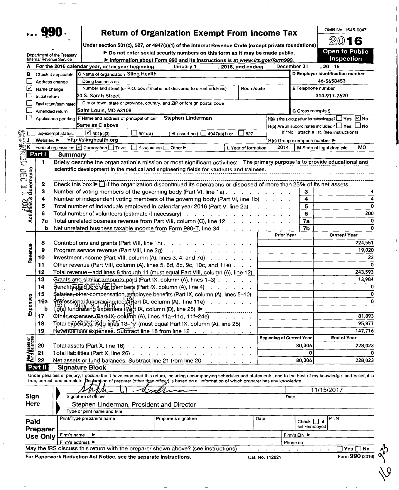 Image of first page of 2016 Form 990 for Sling Health