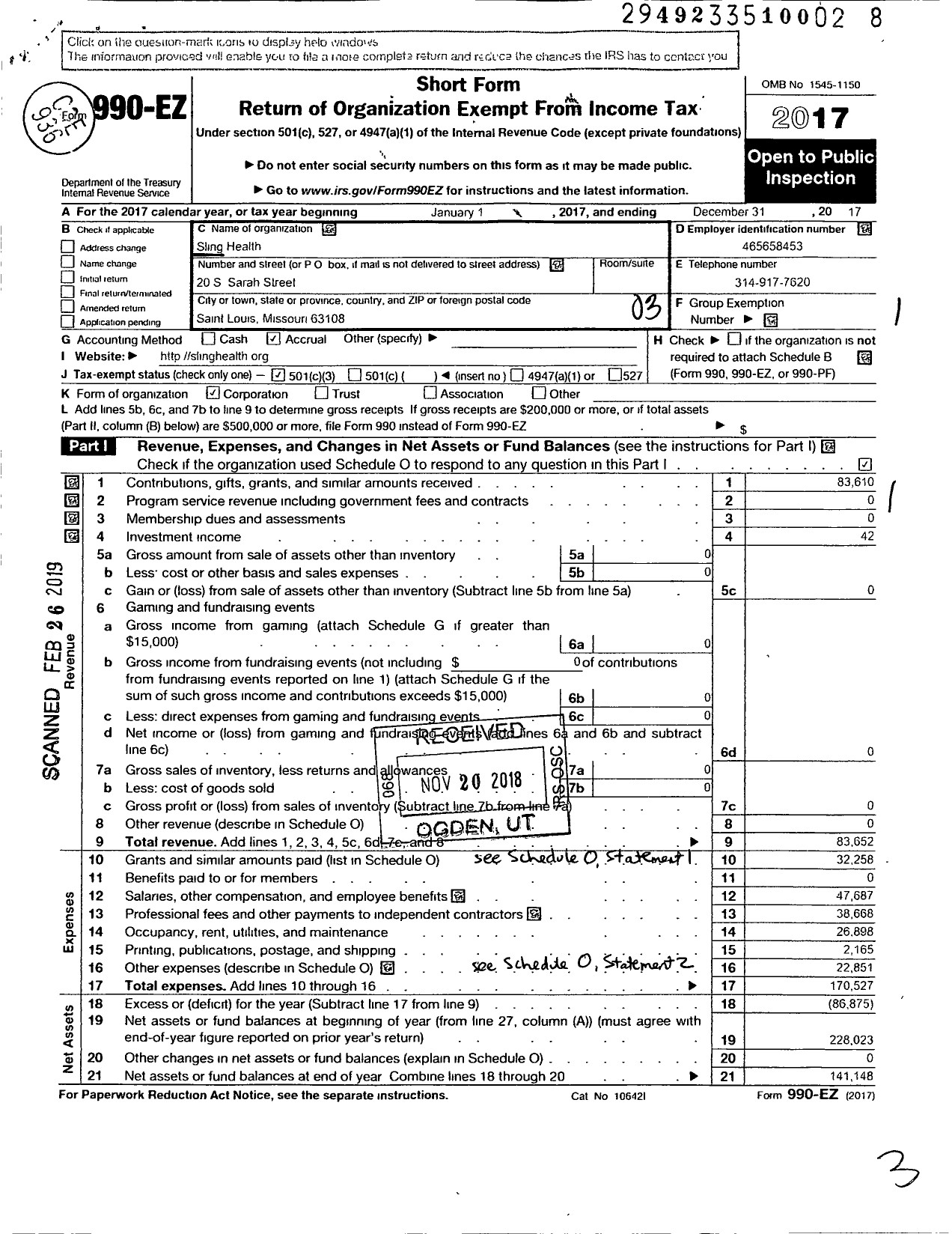 Image of first page of 2017 Form 990EZ for Sling Health