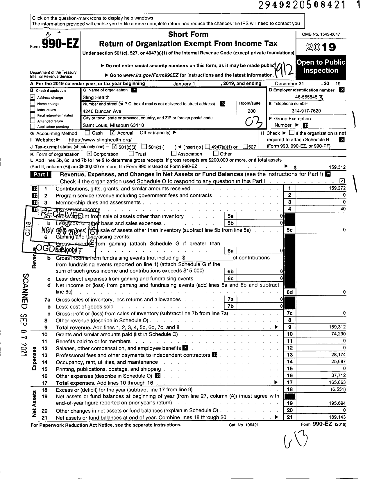 Image of first page of 2019 Form 990EZ for Sling Health