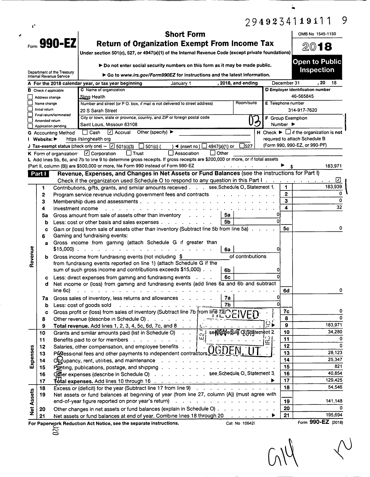 Image of first page of 2018 Form 990EZ for Sling Health