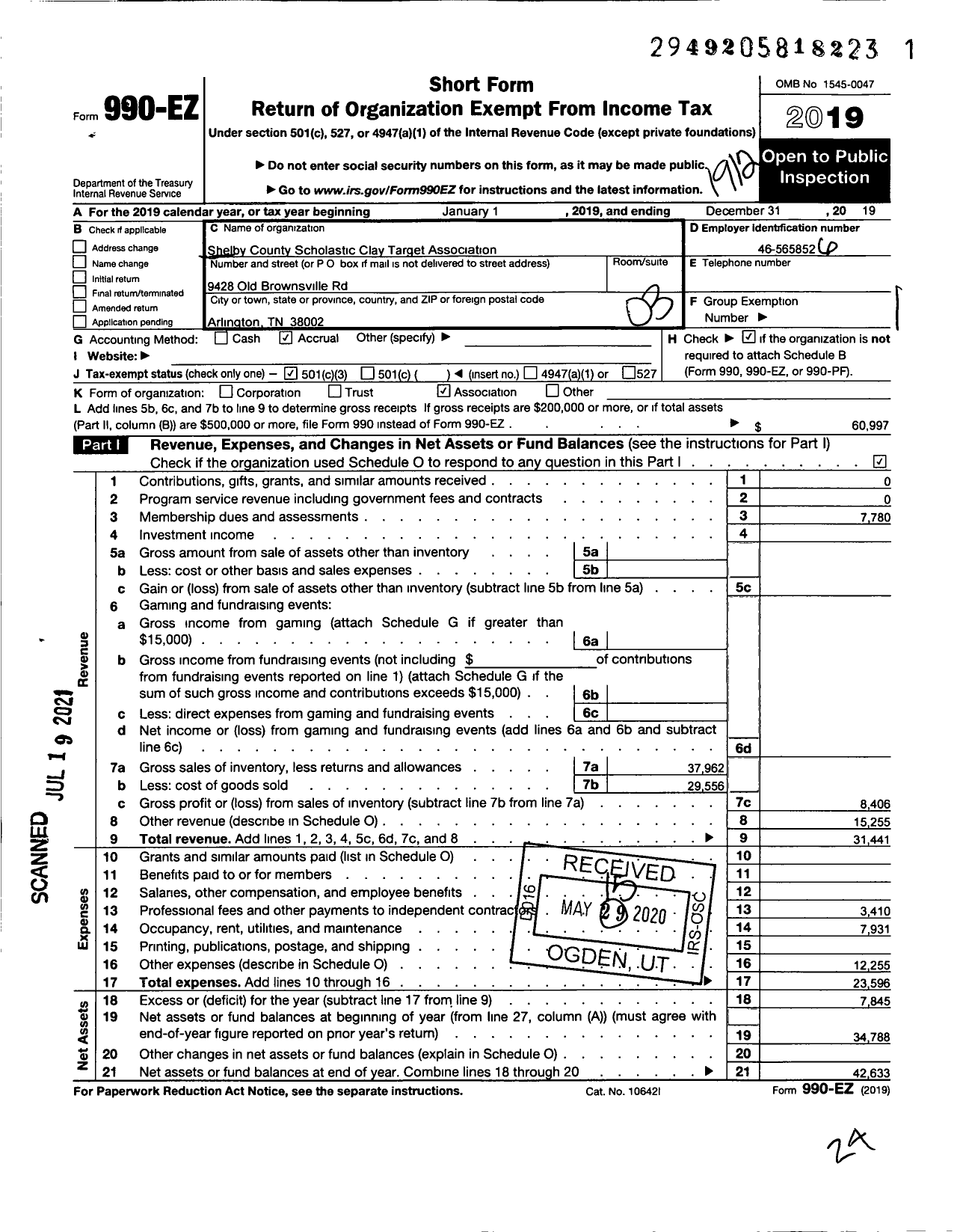 Image of first page of 2019 Form 990EZ for Shelby County Scholastic Clay Target Association (SCSCTA)