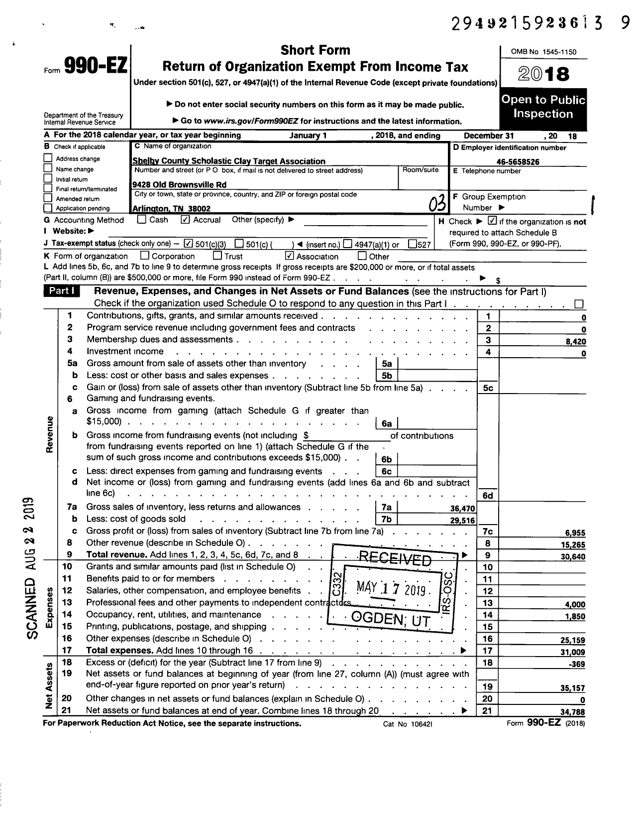 Image of first page of 2018 Form 990EZ for Shelby County Scholastic Clay Target Association (SCSCTA)