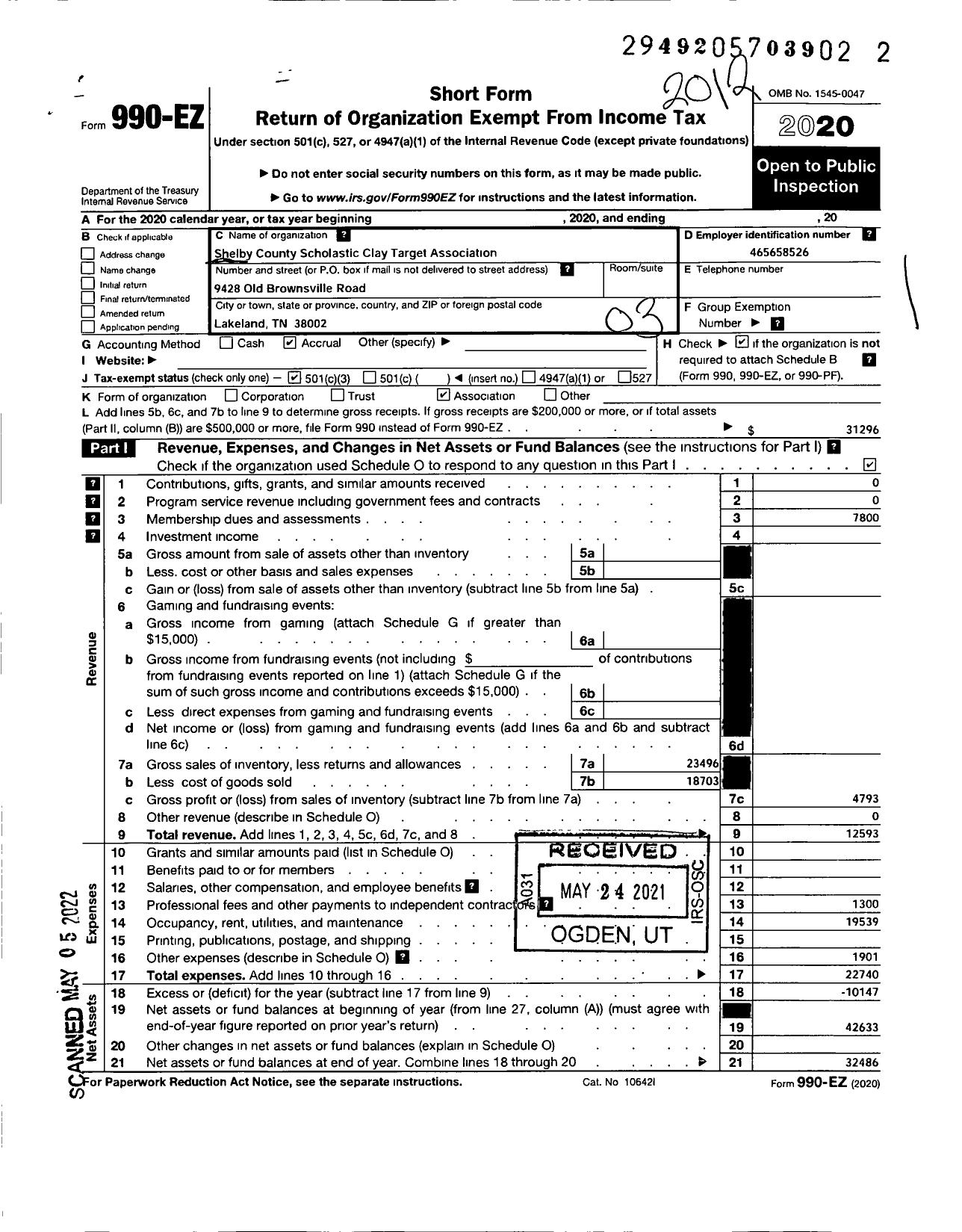 Image of first page of 2020 Form 990EZ for Shelby County Scholastic Clay Target Association (SCSCTA)