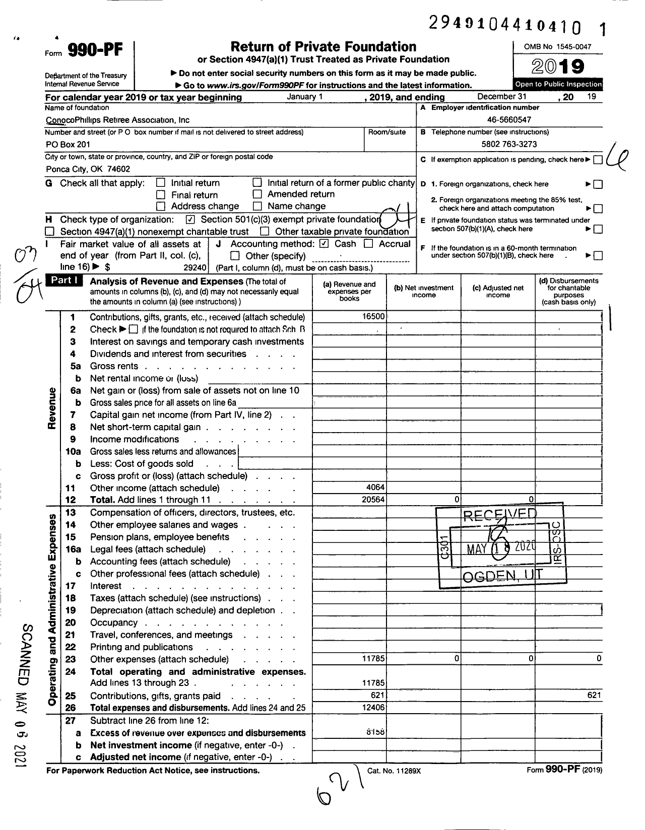 Image of first page of 2019 Form 990PF for Conocophillips Retirees Association