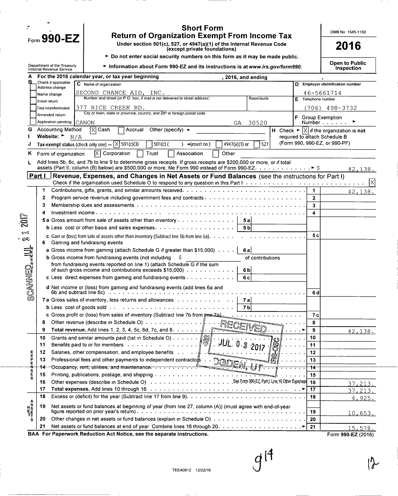 Image of first page of 2016 Form 990EZ for Second Chance Aid