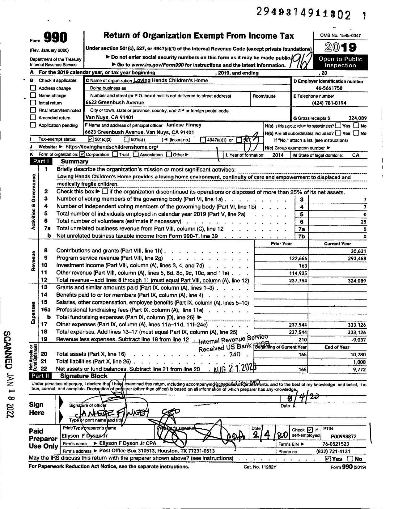 Image of first page of 2019 Form 990 for Loving Hands Childrens Home