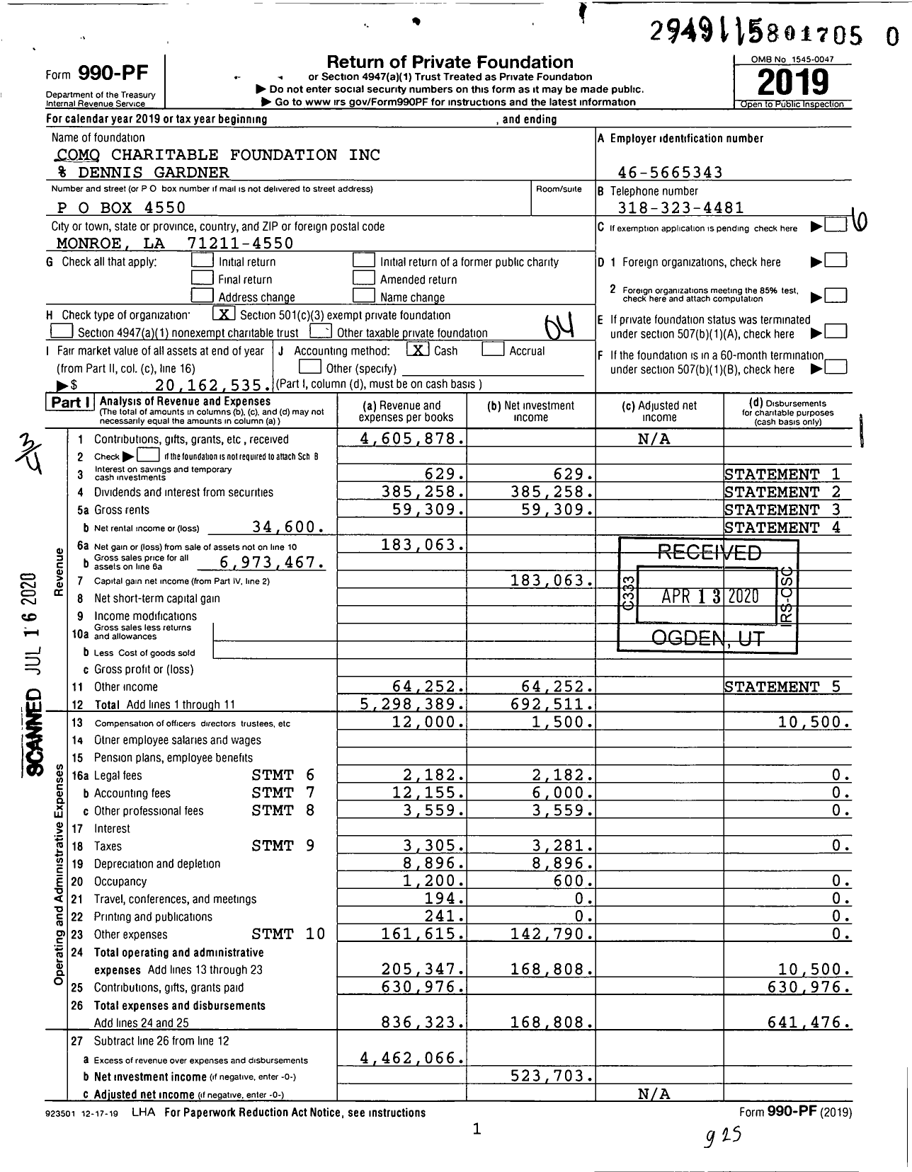 Image of first page of 2019 Form 990PR for Como Charitable Foundation