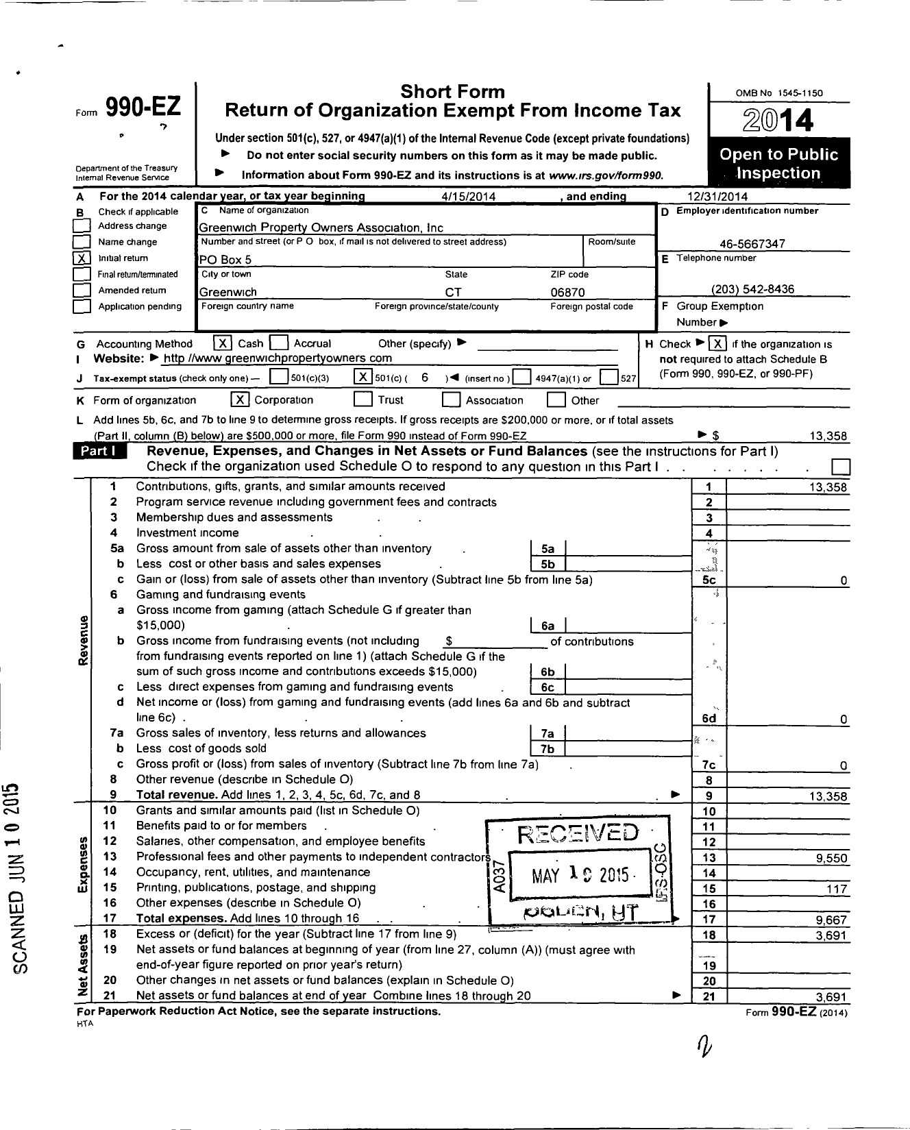 Image of first page of 2014 Form 990EO for Greenwich Property Owners Association