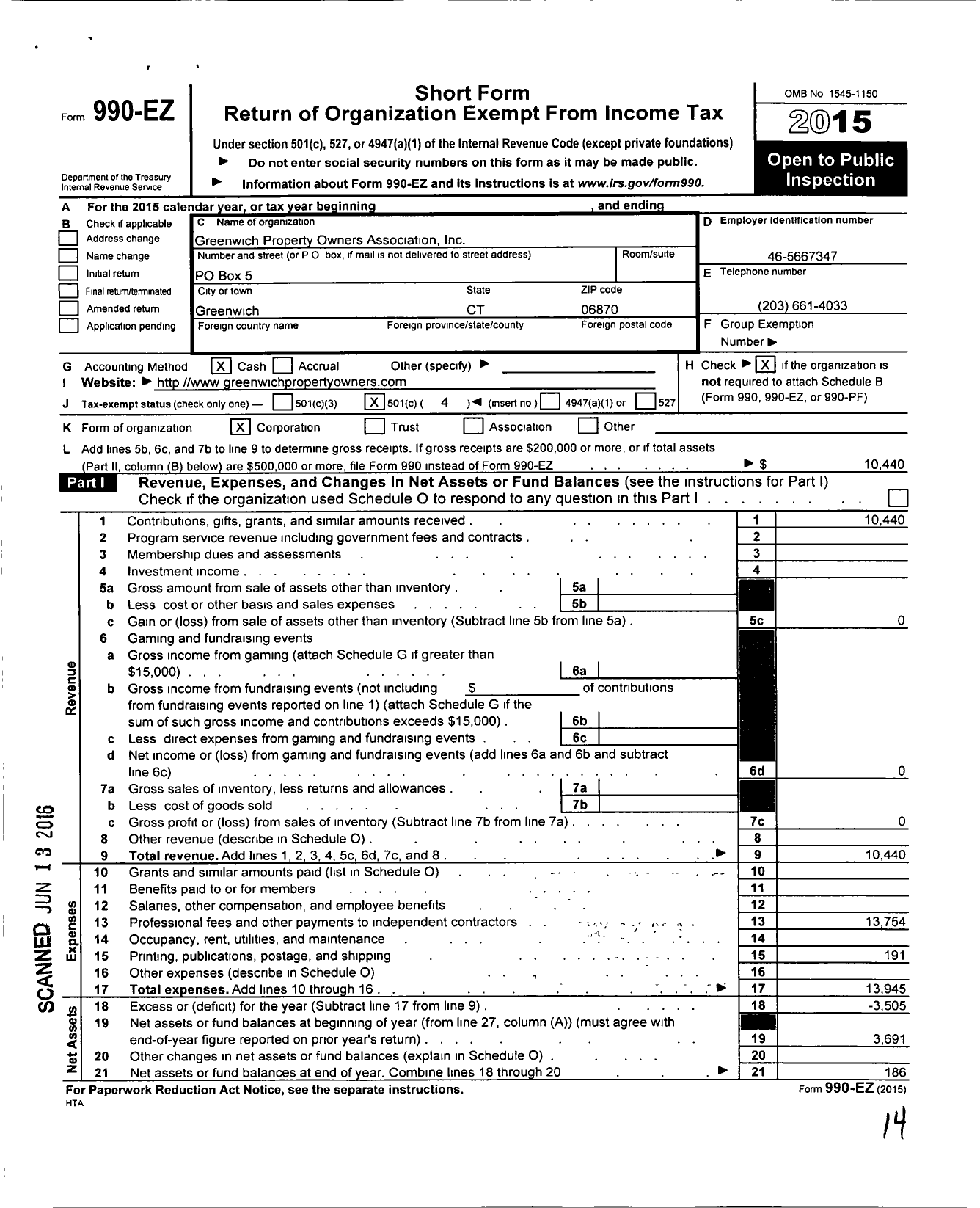 Image of first page of 2015 Form 990EO for Greenwich Property Owners Association