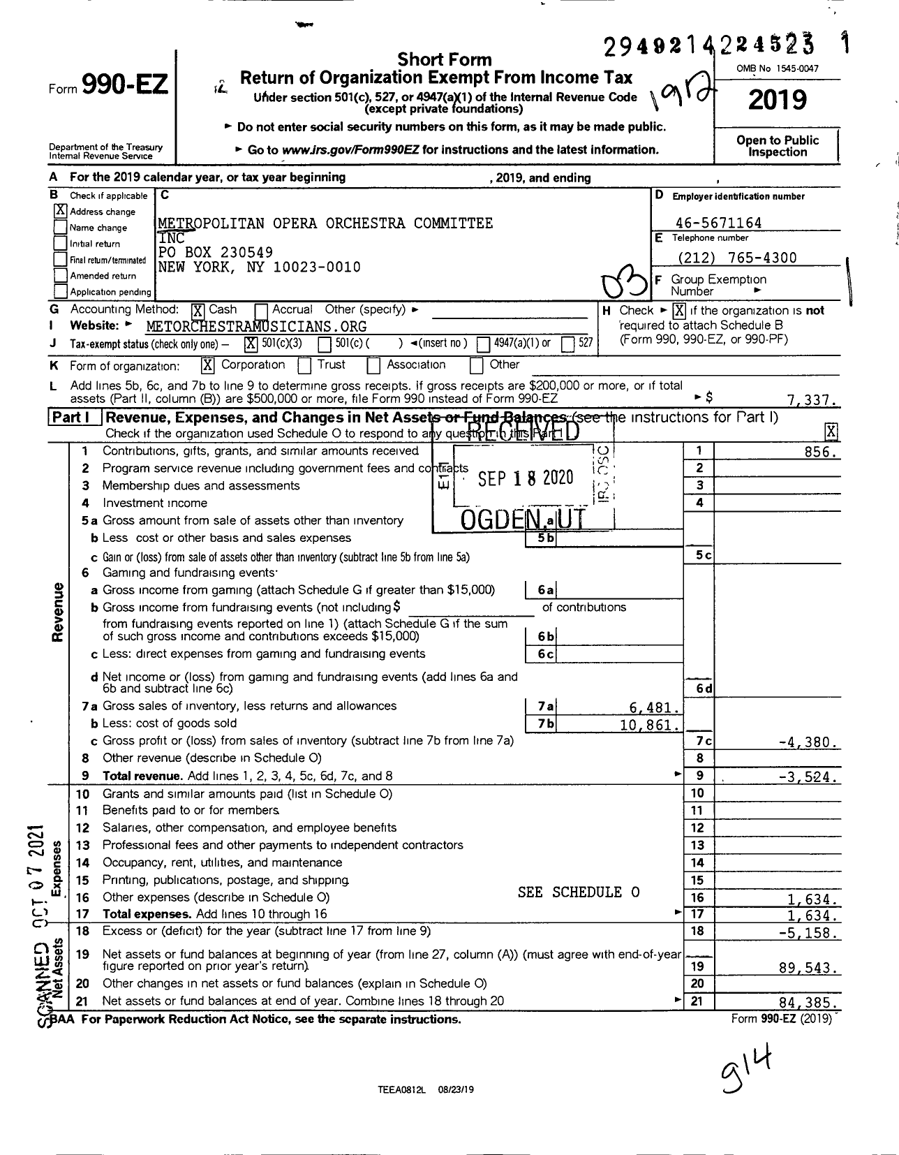 Image of first page of 2019 Form 990EZ for Met Orchestra Musicians Fund