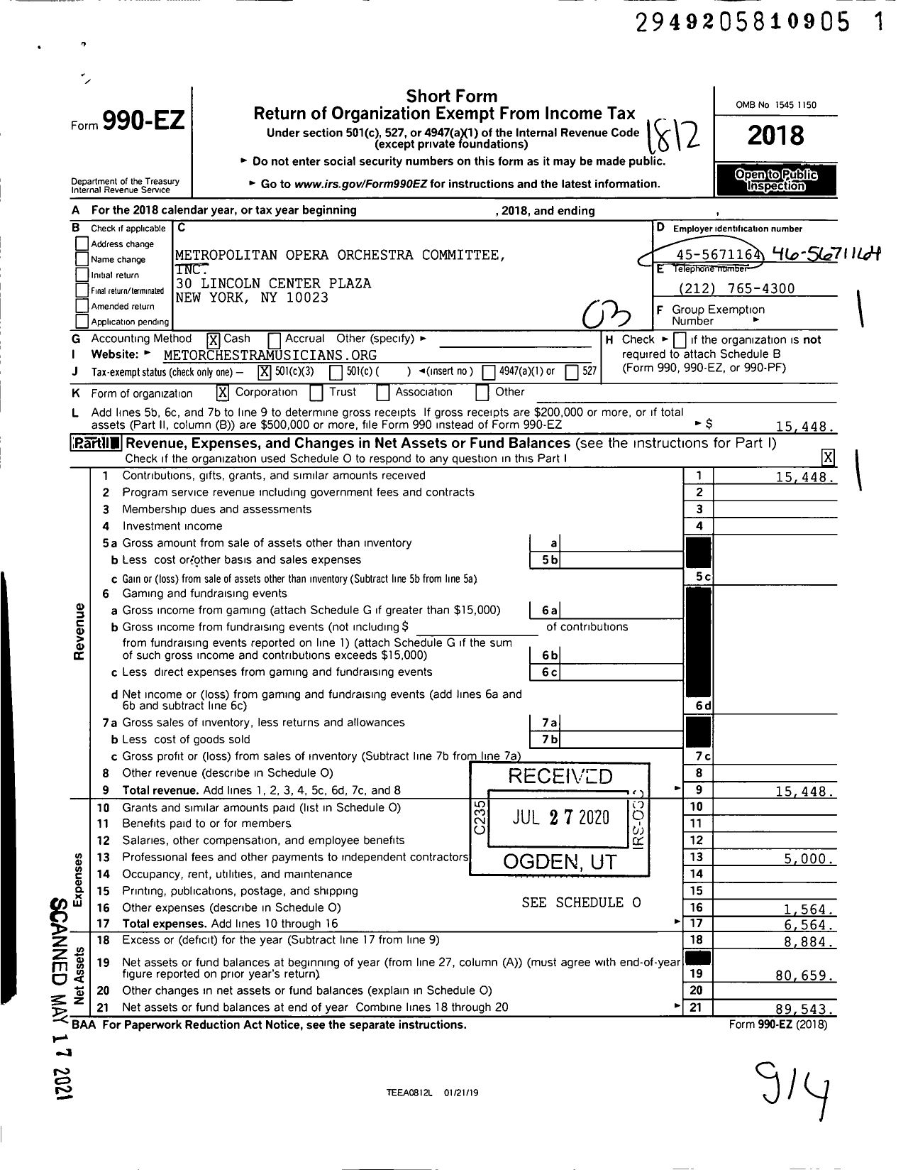 Image of first page of 2018 Form 990EZ for Met Orchestra Musicians Fund