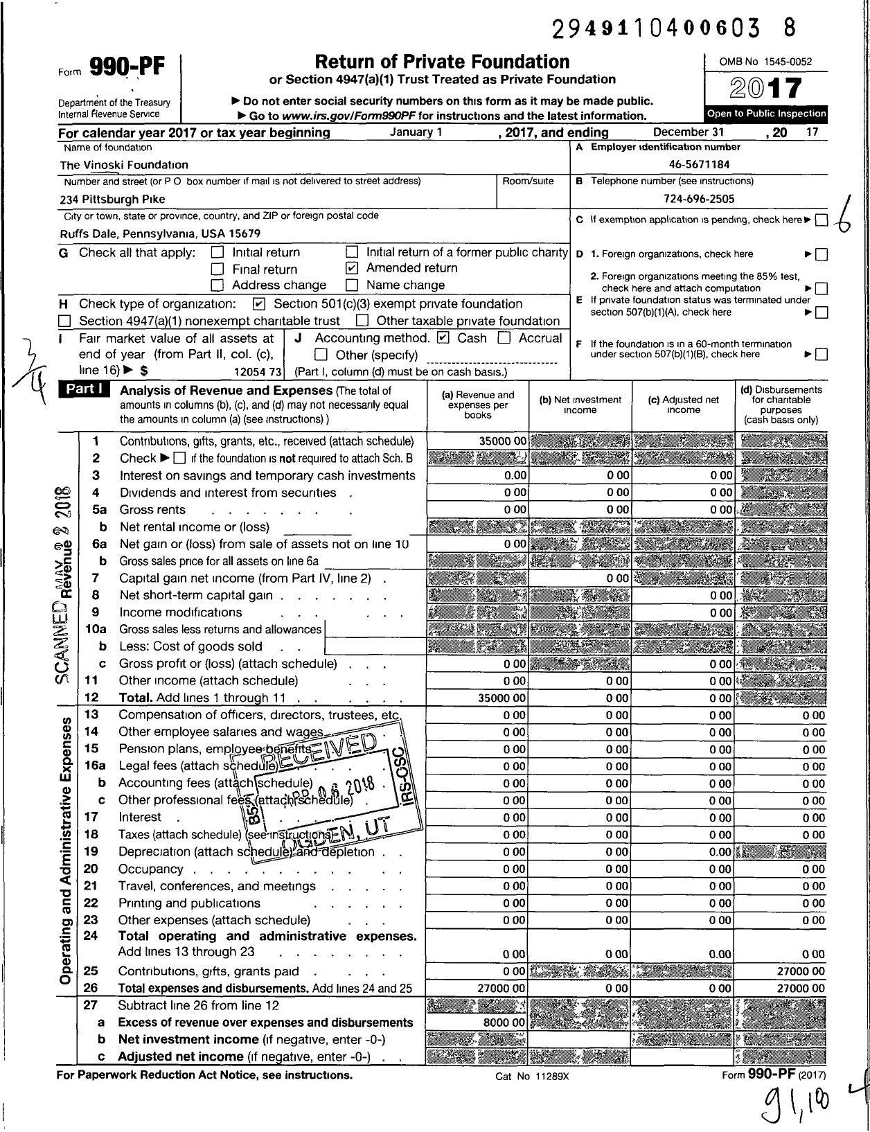 Image of first page of 2017 Form 990PF for The Vinoski Foundation