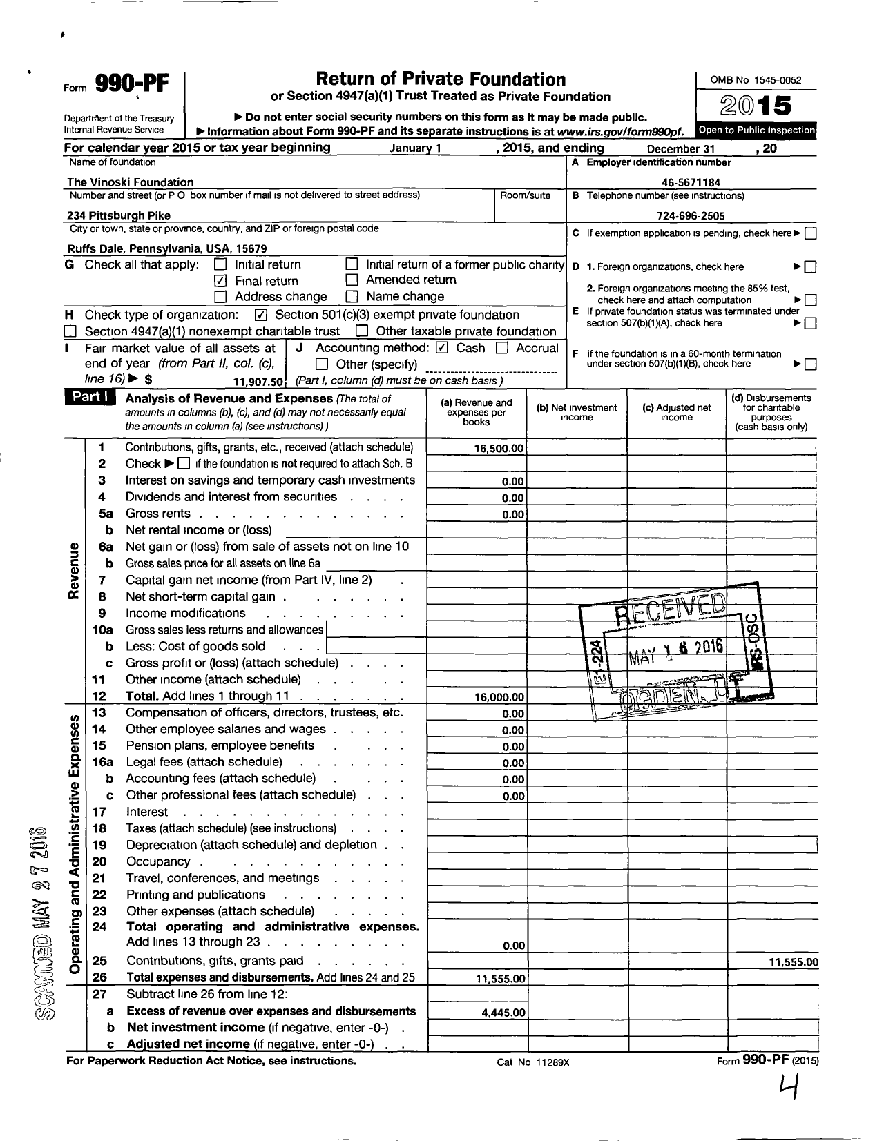 Image of first page of 2015 Form 990PF for The Vinoski Foundation