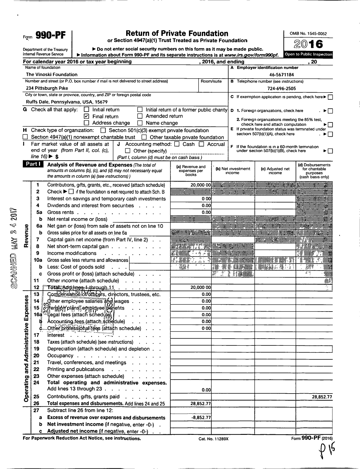 Image of first page of 2016 Form 990PF for The Vinoski Foundation