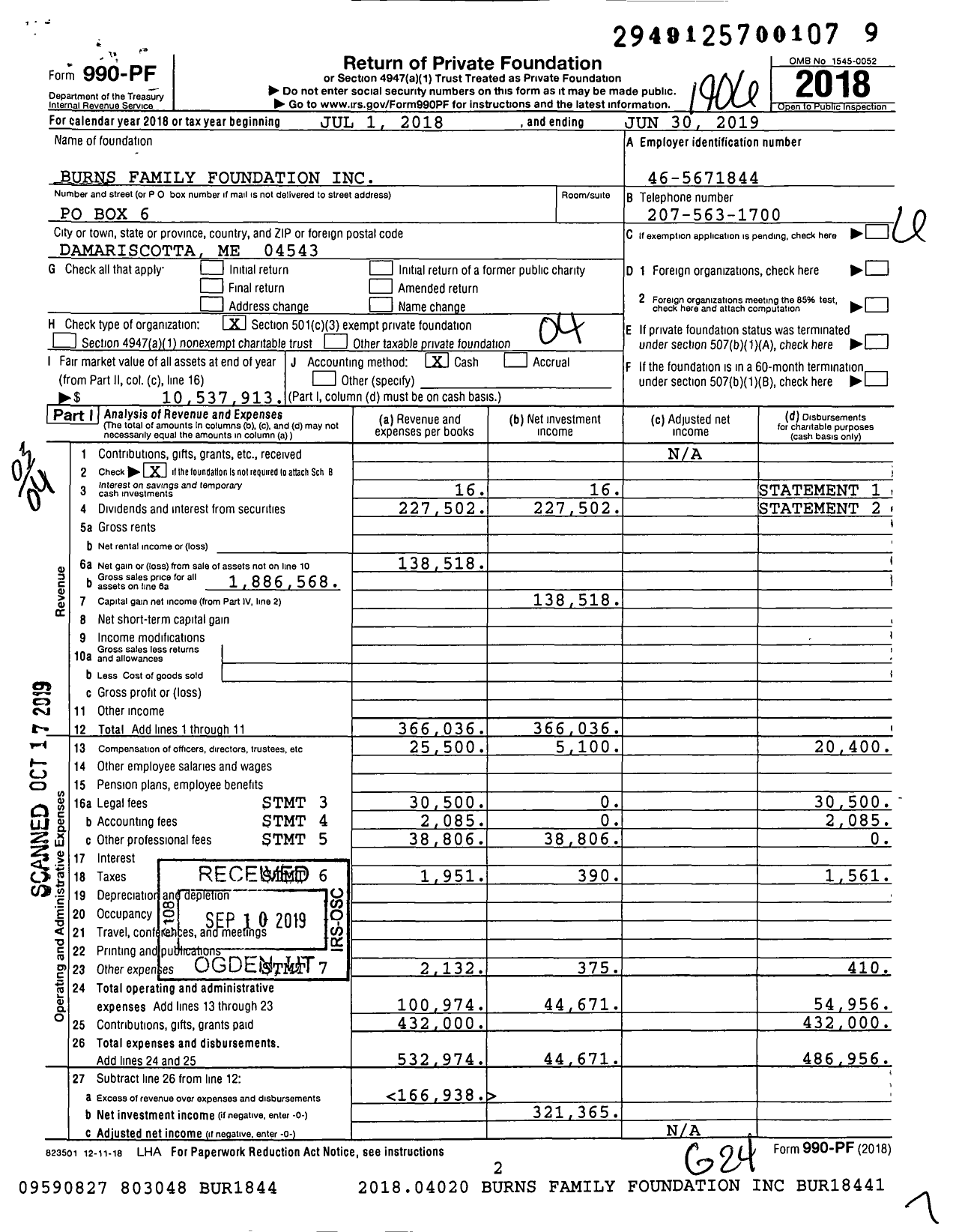 Image of first page of 2018 Form 990PF for Burns Family Foundation