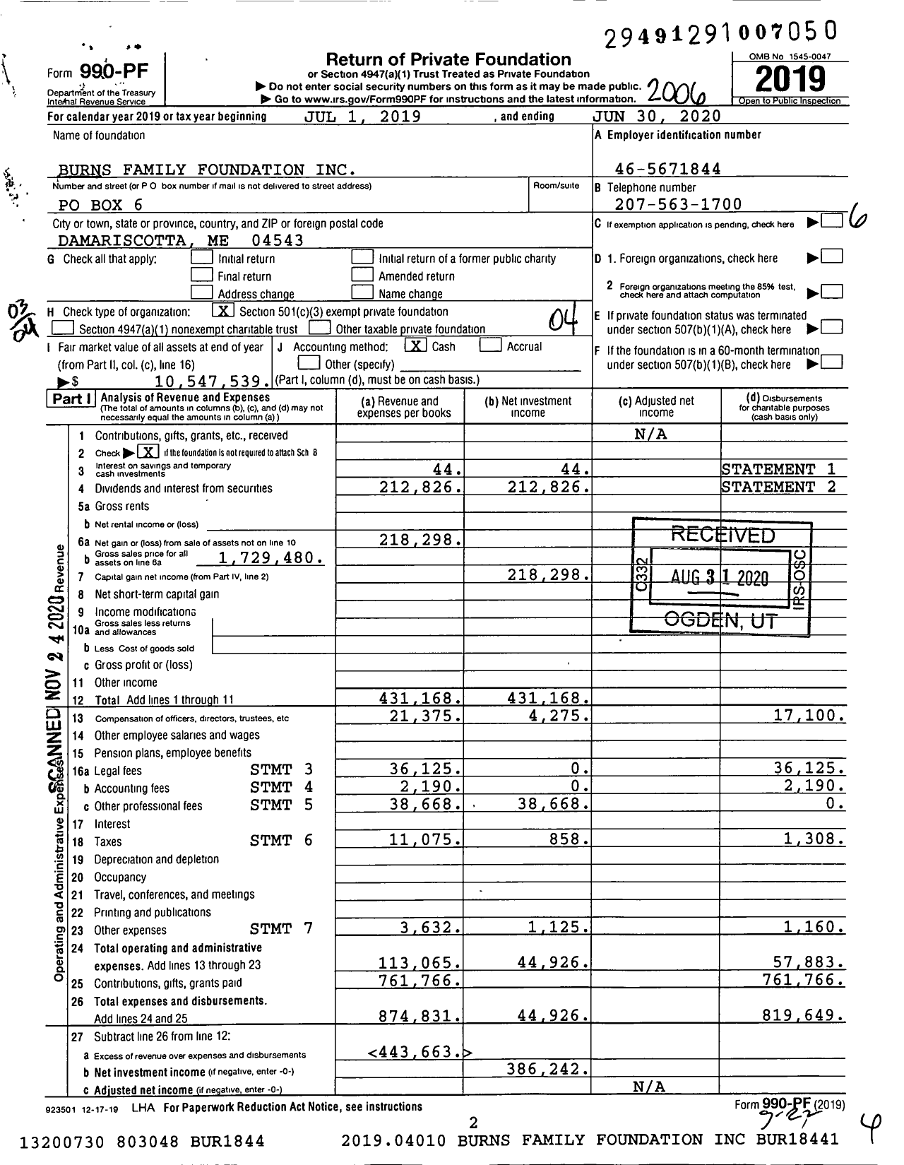 Image of first page of 2019 Form 990PF for Burns Family Foundation