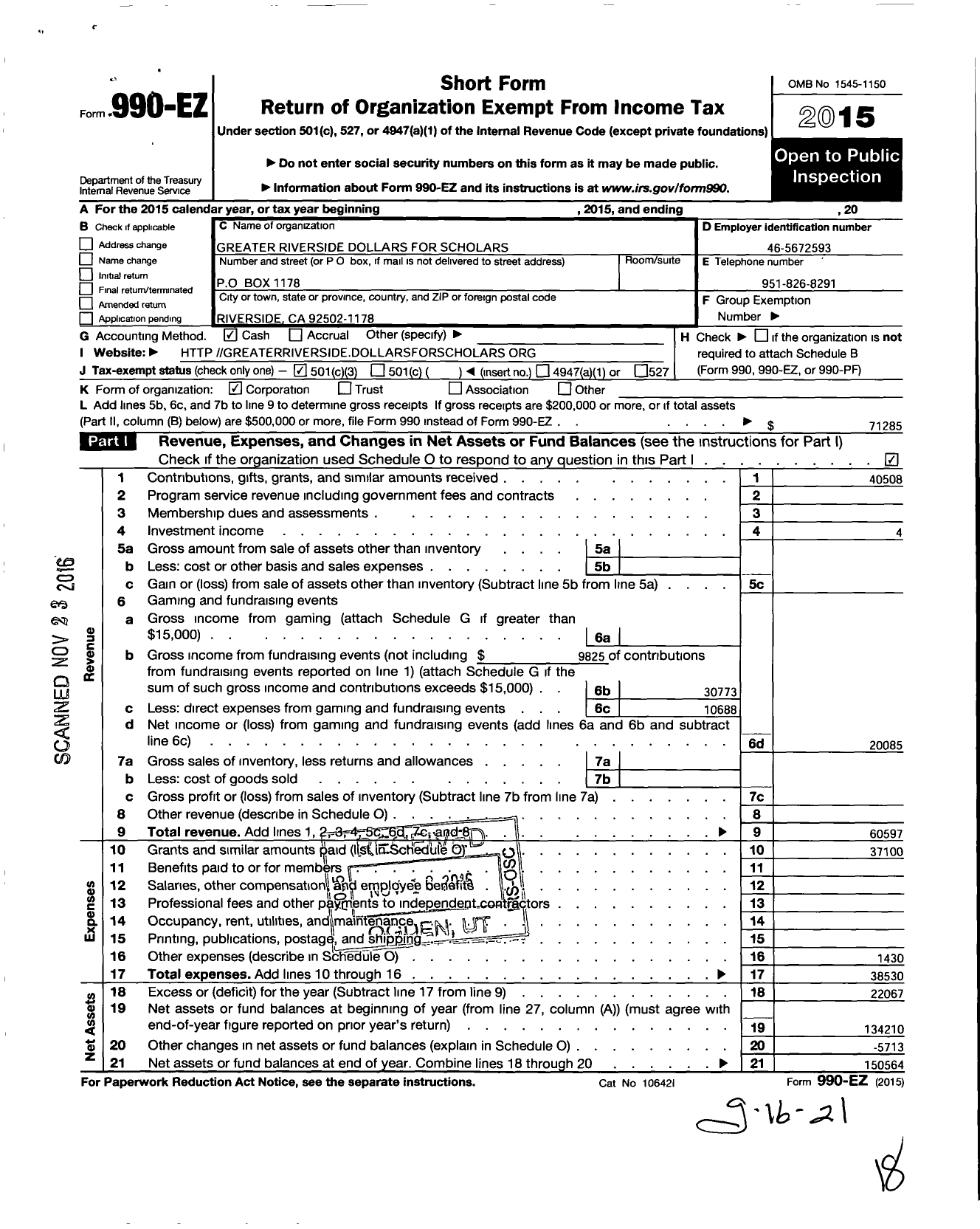 Image of first page of 2015 Form 990EZ for Scholarship America - Greater Riverside Dollars for Schol