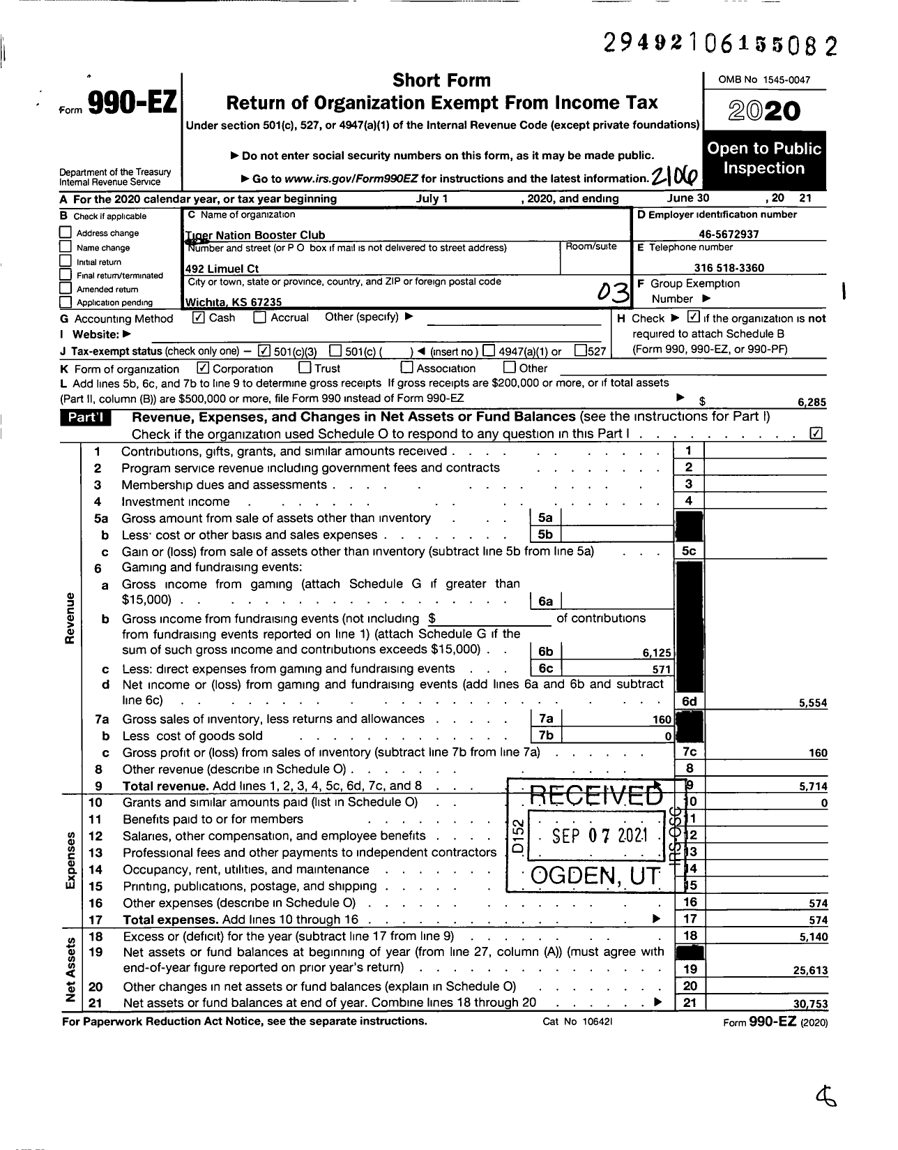 Image of first page of 2020 Form 990EZ for Tiger Nation Booster Club