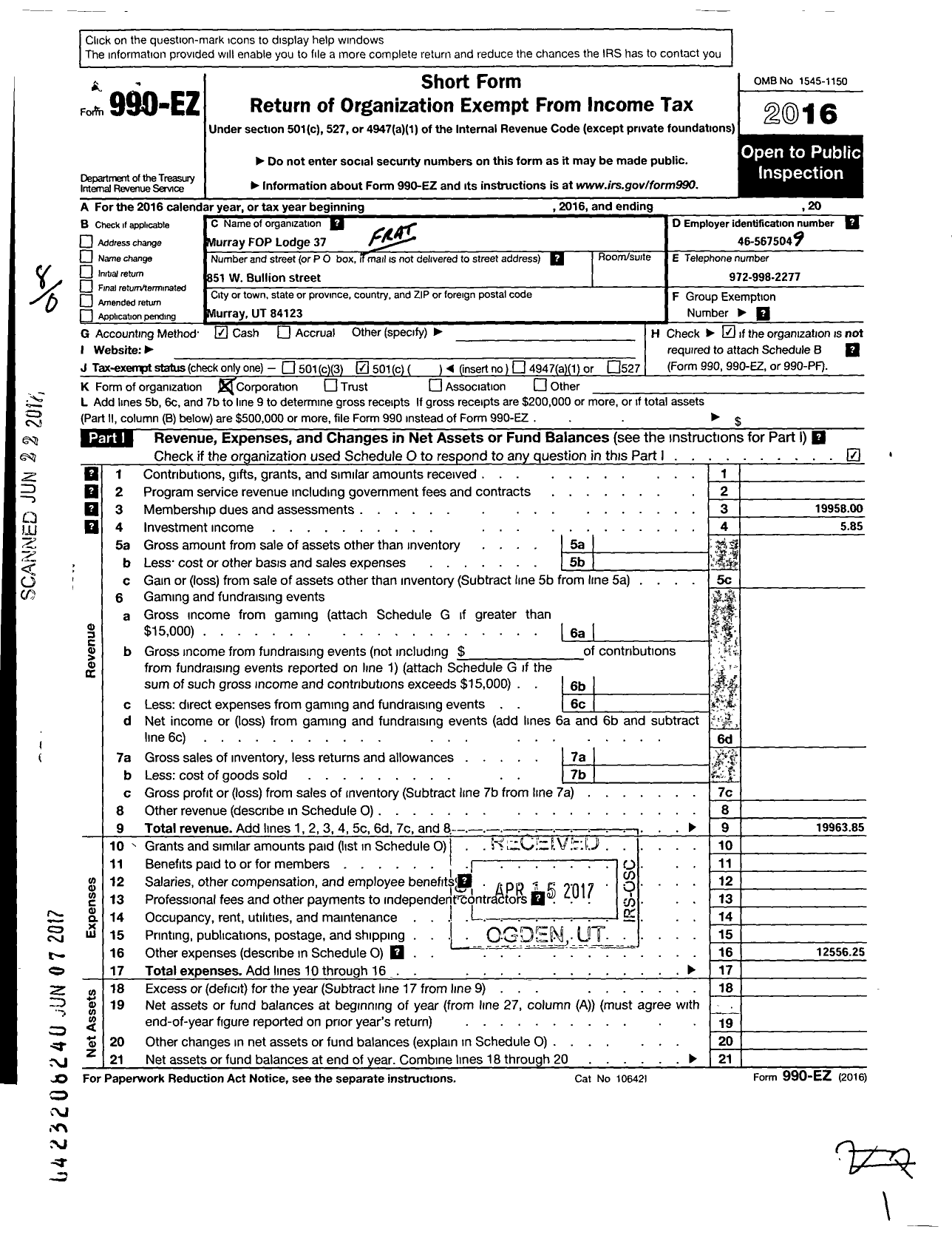 Image of first page of 2016 Form 990EO for Fraternal Order of Police - 37 Murray Fop Lodge