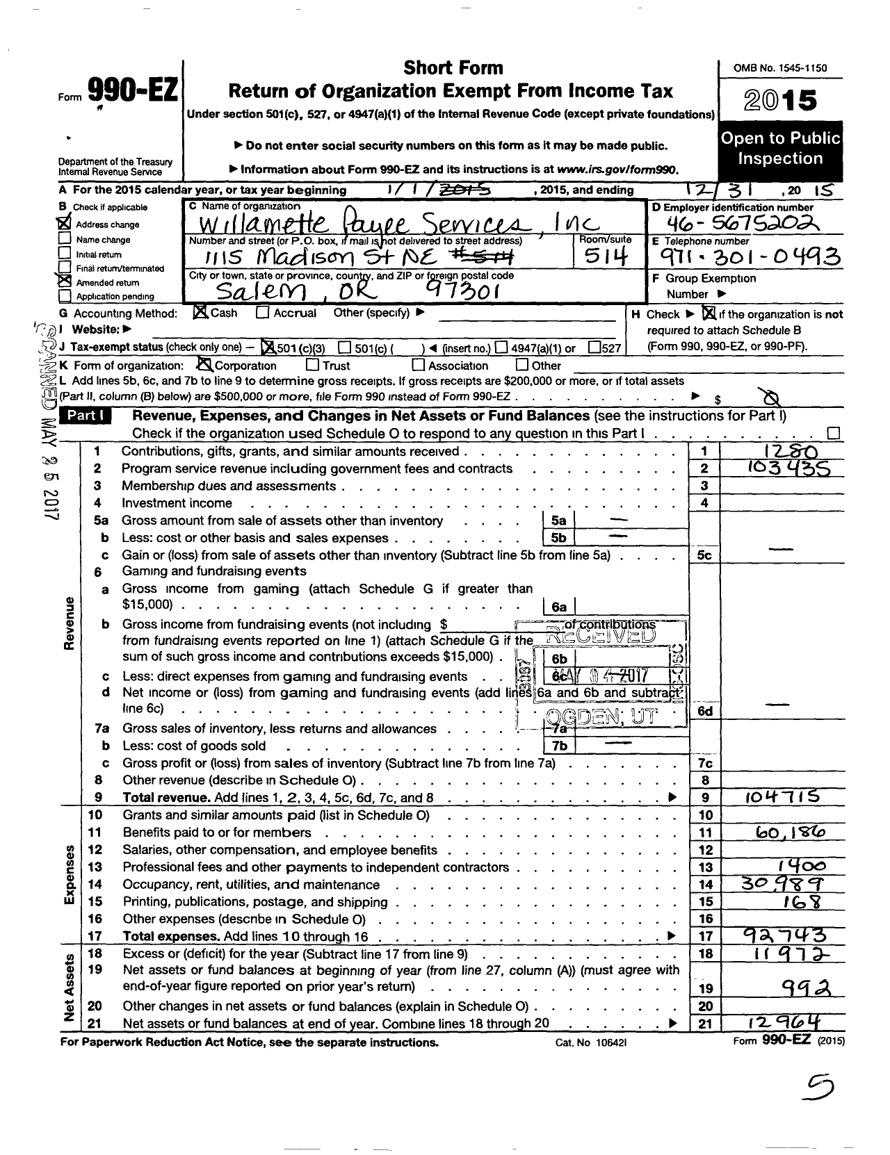 Image of first page of 2015 Form 990EZ for Willamette Payee Services