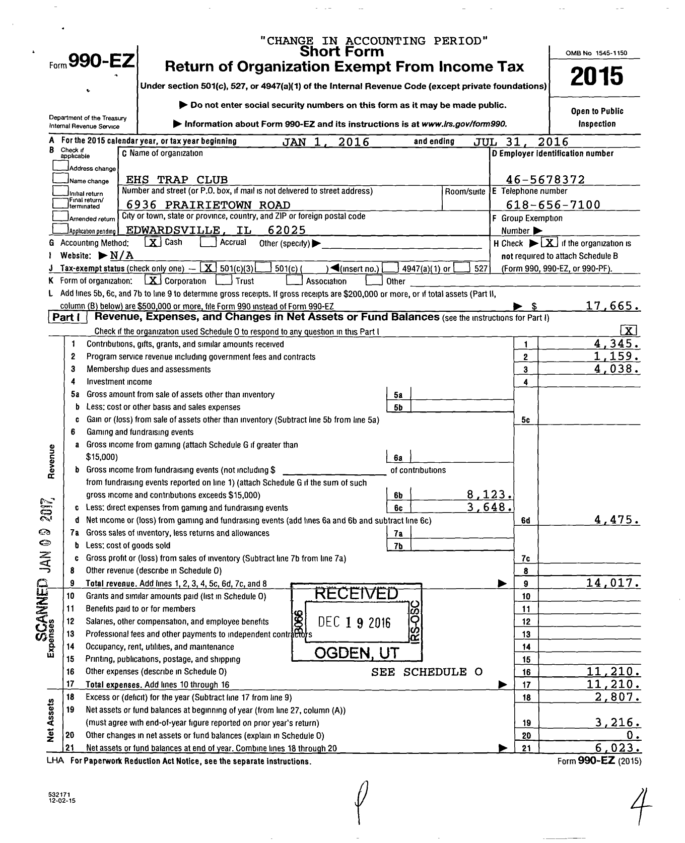 Image of first page of 2015 Form 990EZ for Ehs Trap Club