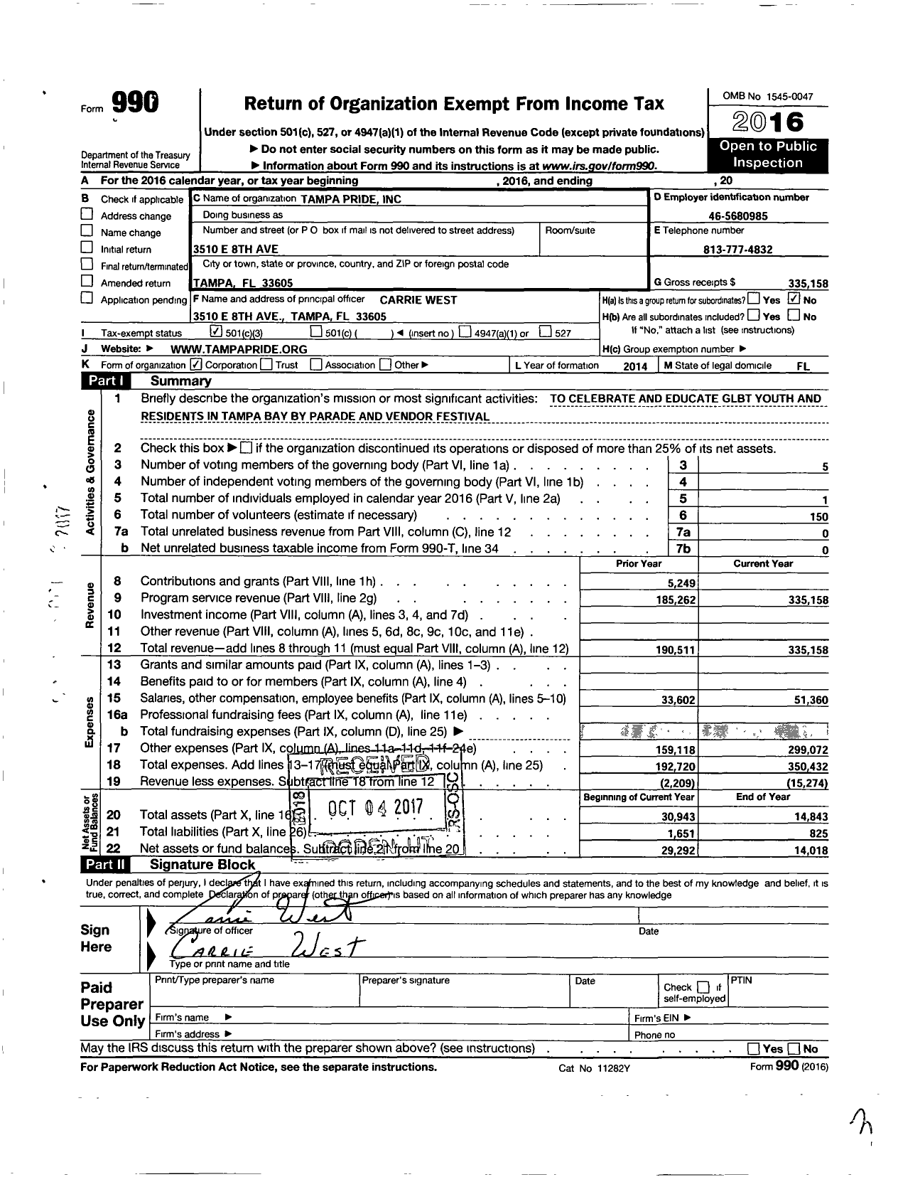 Image of first page of 2016 Form 990 for Tampa Pride