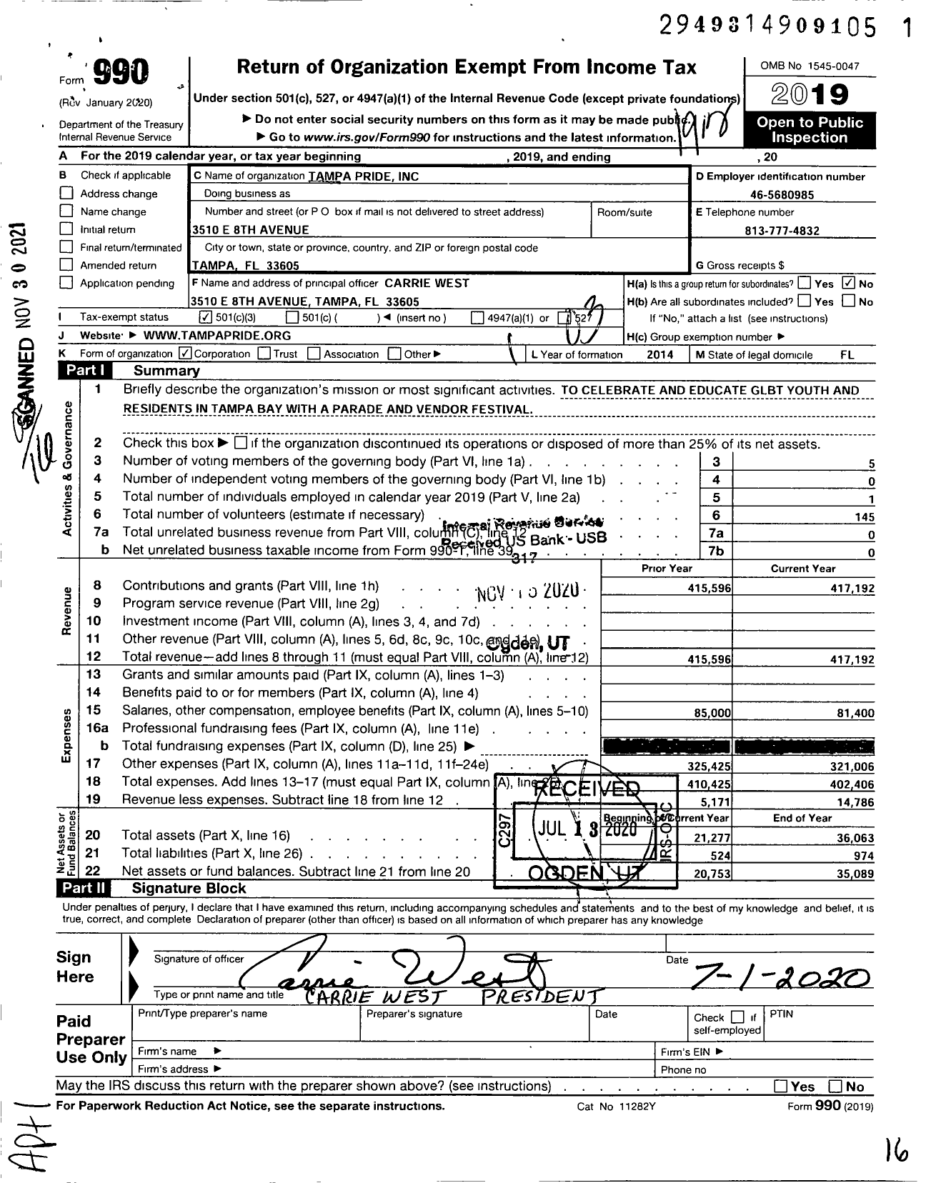 Image of first page of 2019 Form 990 for Tampa Pride