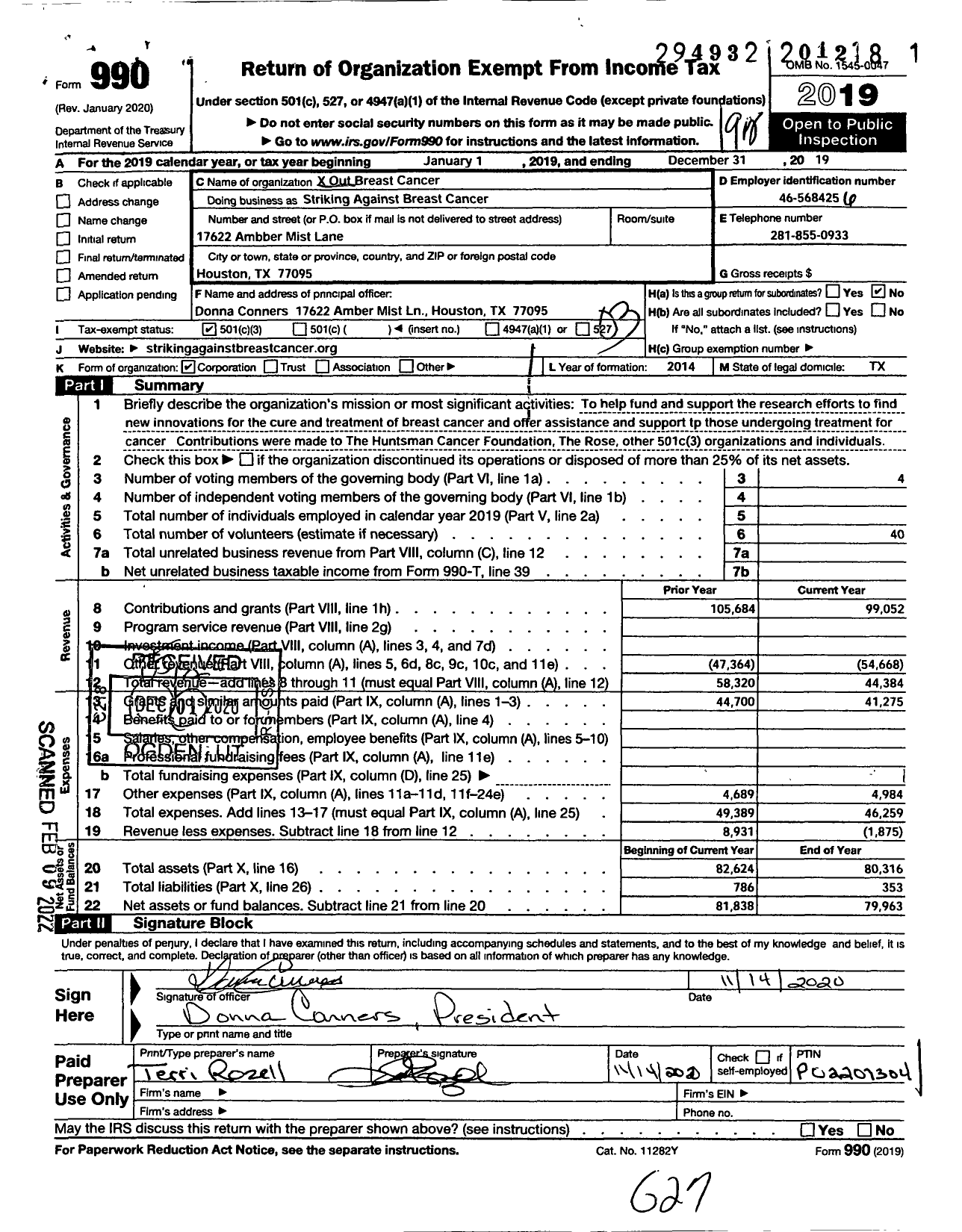 Image of first page of 2019 Form 990 for X Out Breast Cancer