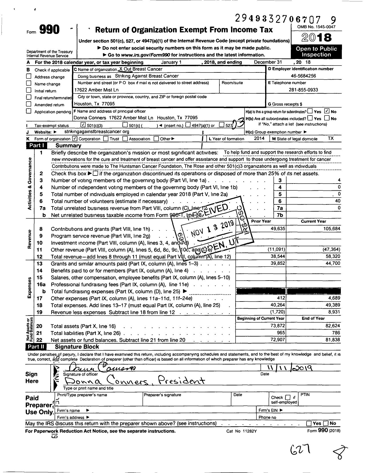 Image of first page of 2018 Form 990 for X Out Breast Cancer