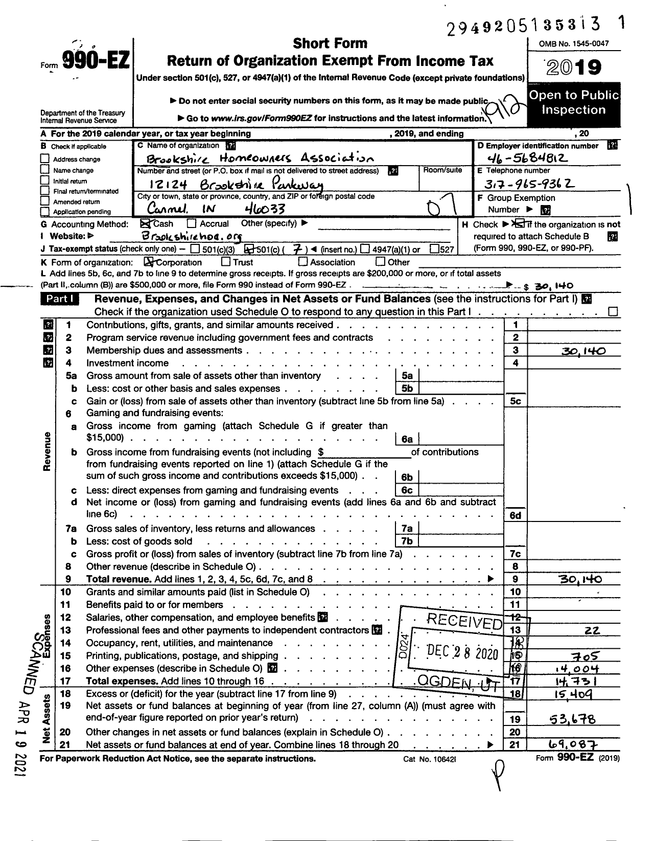 Image of first page of 2019 Form 990EO for Brookshire Homeowners Association