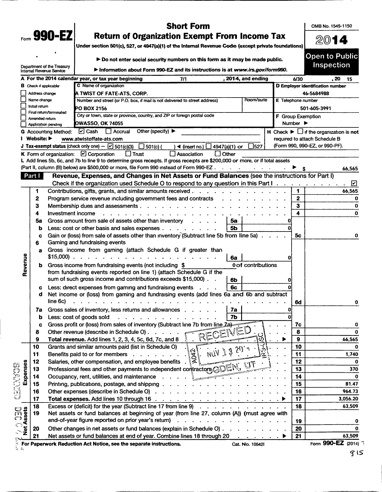 Image of first page of 2014 Form 990EZ for A Twist of Fate-Ats Corporation