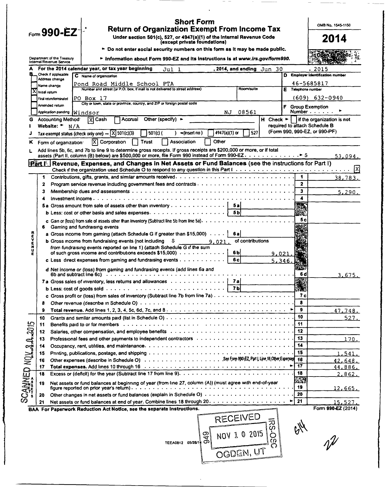 Image of first page of 2014 Form 990EZ for New Jersey PTA - 4043142 Pond Road MS PTA