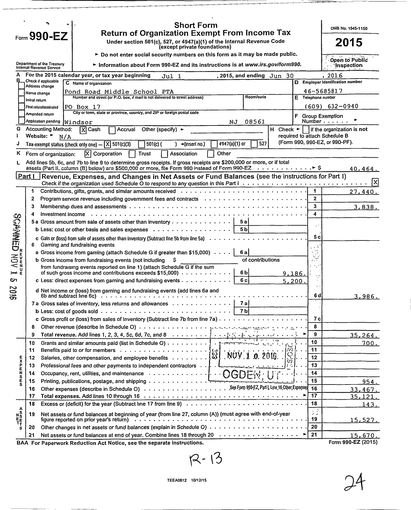 Image of first page of 2015 Form 990EZ for New Jersey PTA - 4043142 Pond Road MS PTA