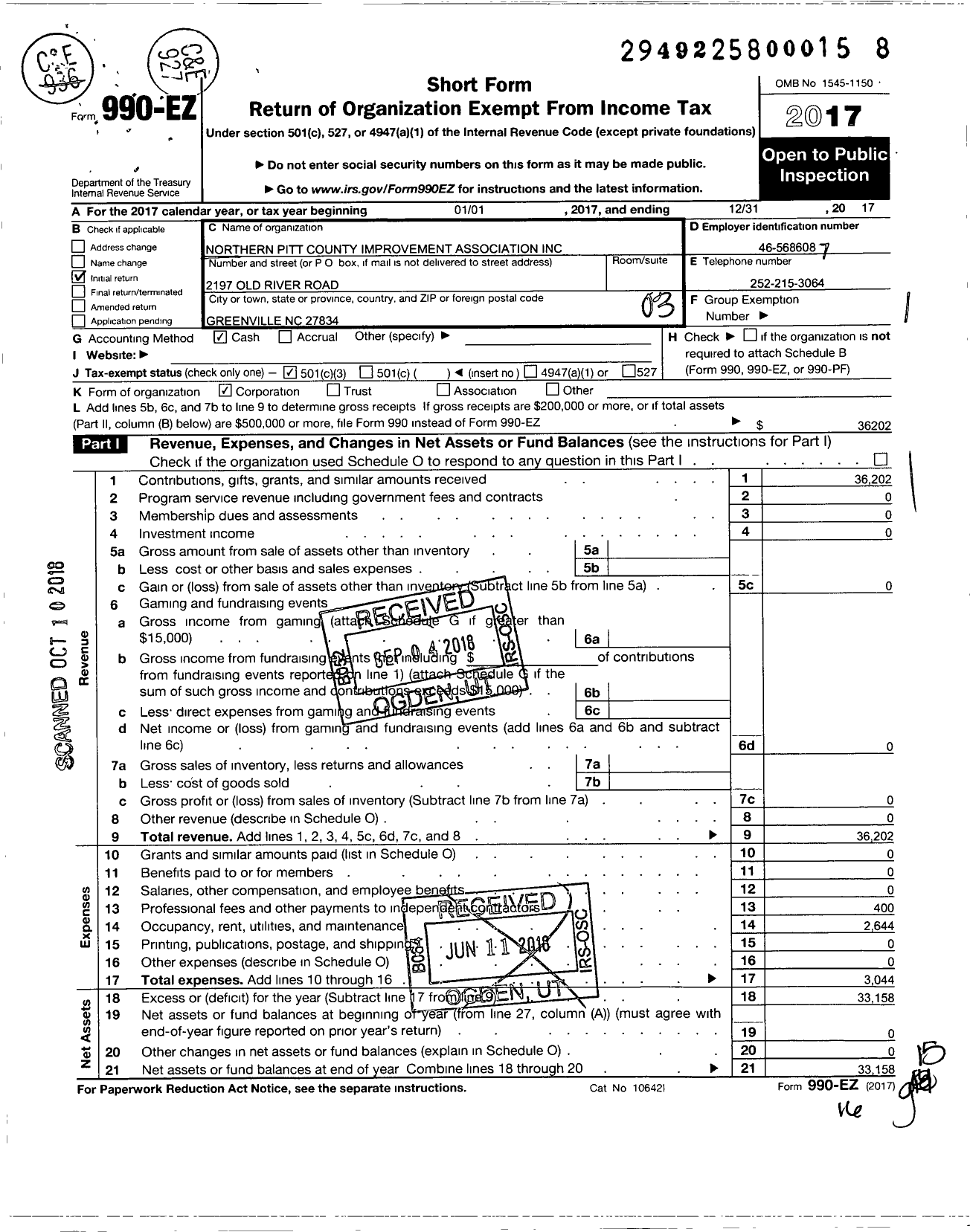 Image of first page of 2017 Form 990EZ for Northern Pitt County Improvement Association