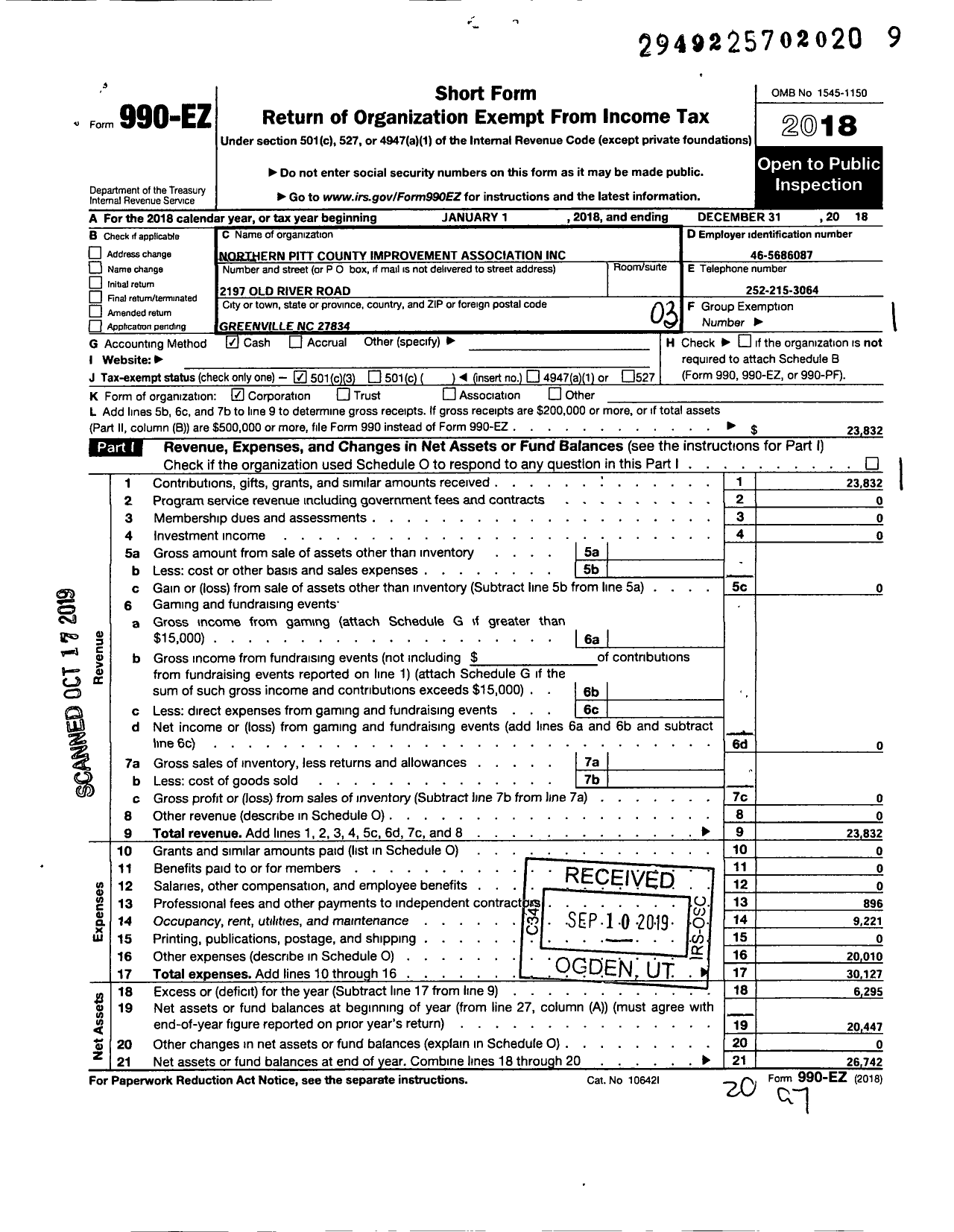 Image of first page of 2018 Form 990EZ for Northern Pitt County Improvement Association