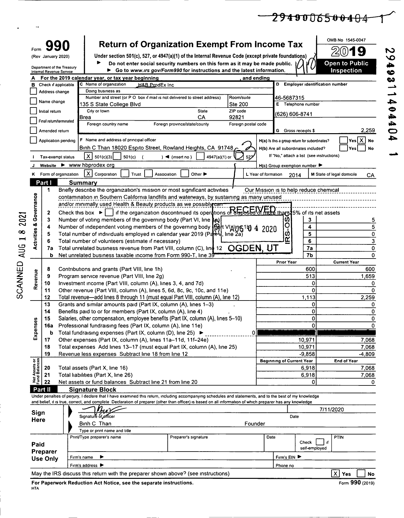 Image of first page of 2019 Form 990 for H and B Prodex