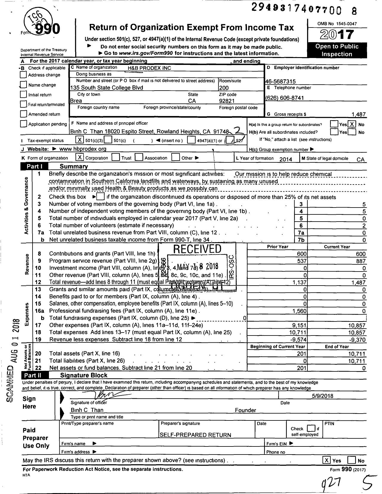Image of first page of 2017 Form 990 for H and B Prodex