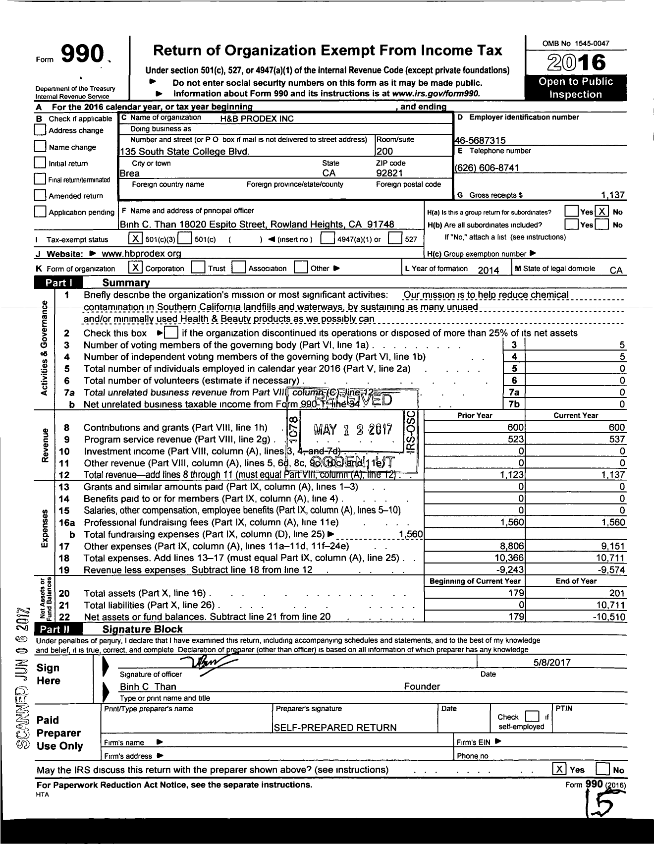 Image of first page of 2016 Form 990 for H and B Prodex
