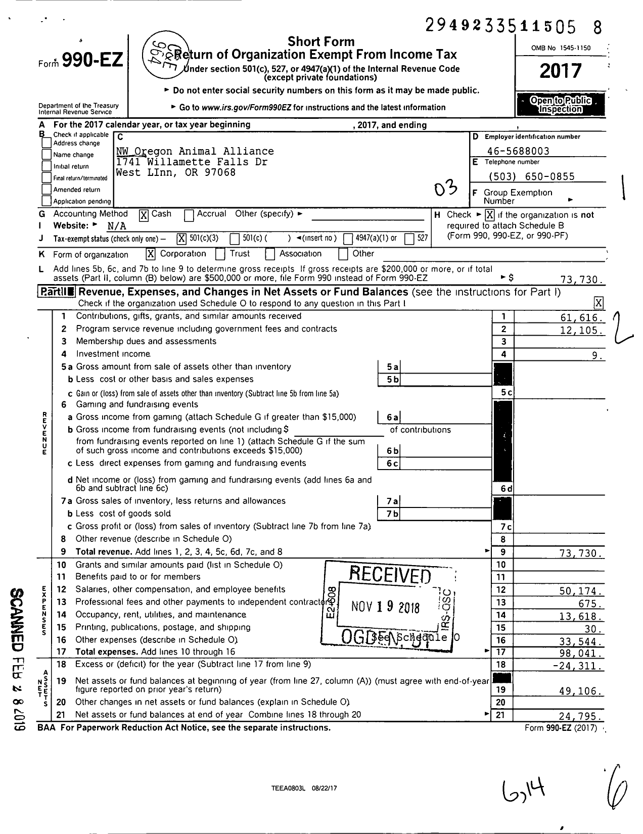 Image of first page of 2017 Form 990EZ for NW Oregon Animal Alliance