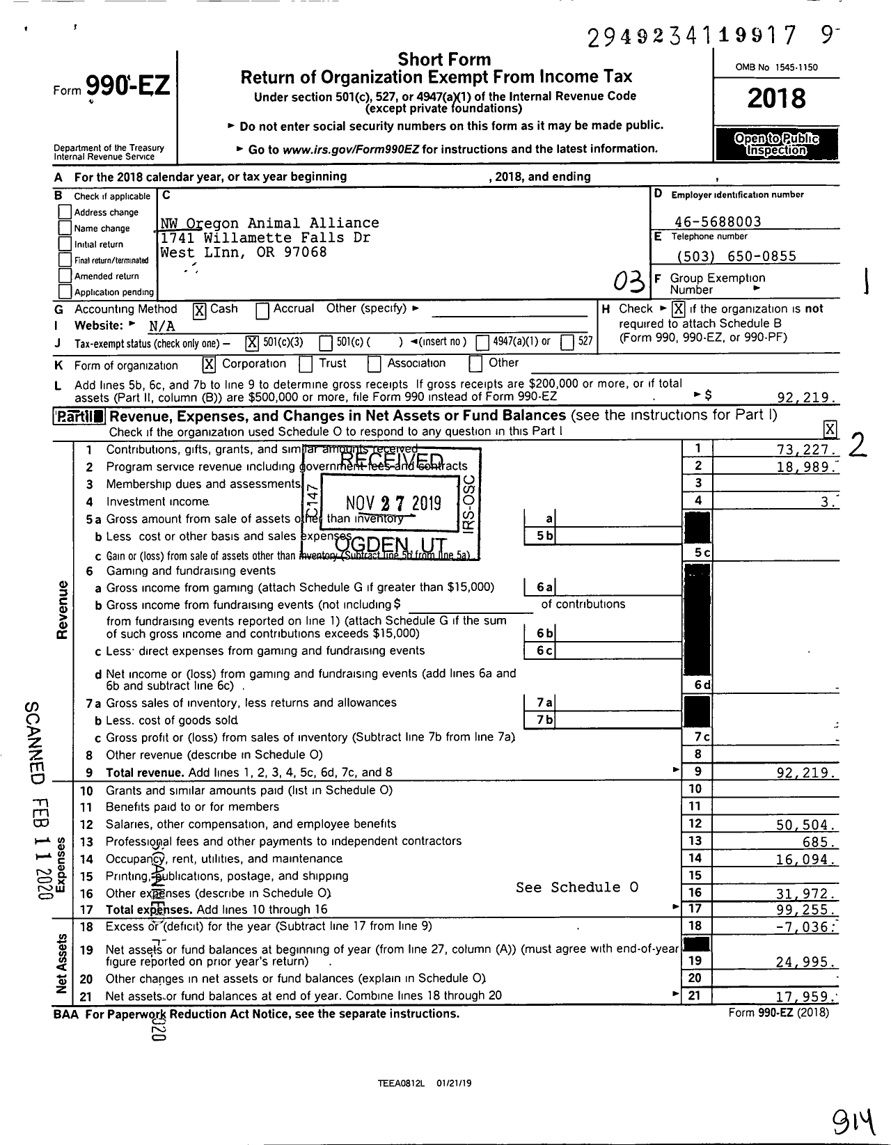 Image of first page of 2018 Form 990EZ for NW Oregon Animal Alliance