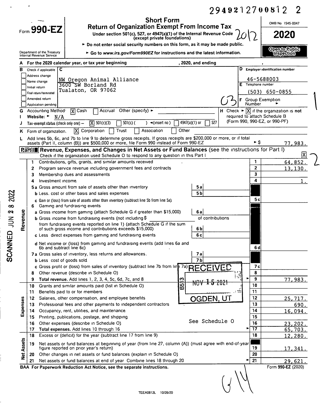 Image of first page of 2020 Form 990EZ for NW Oregon Animal Alliance