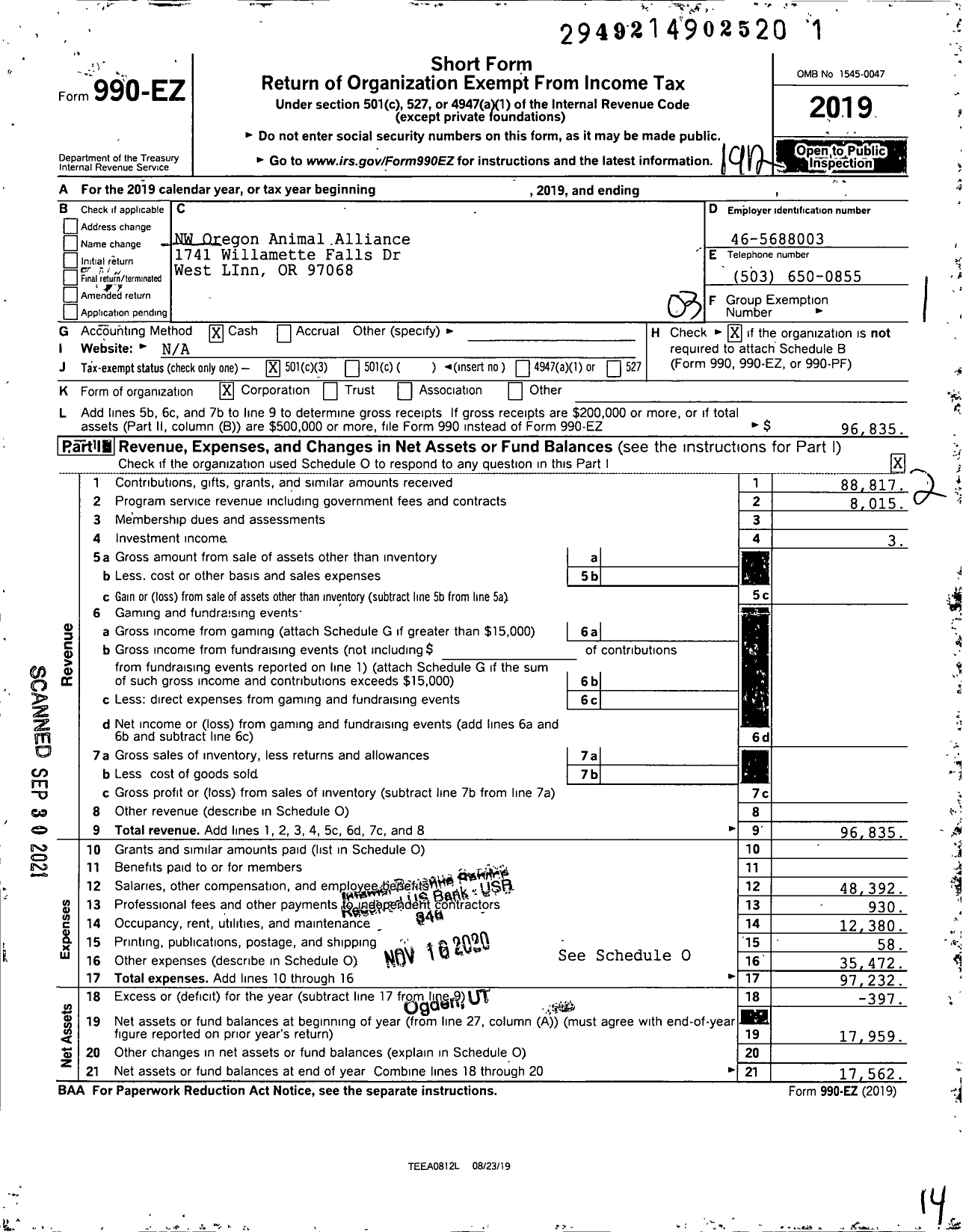 Image of first page of 2019 Form 990EZ for NW Oregon Animal Alliance