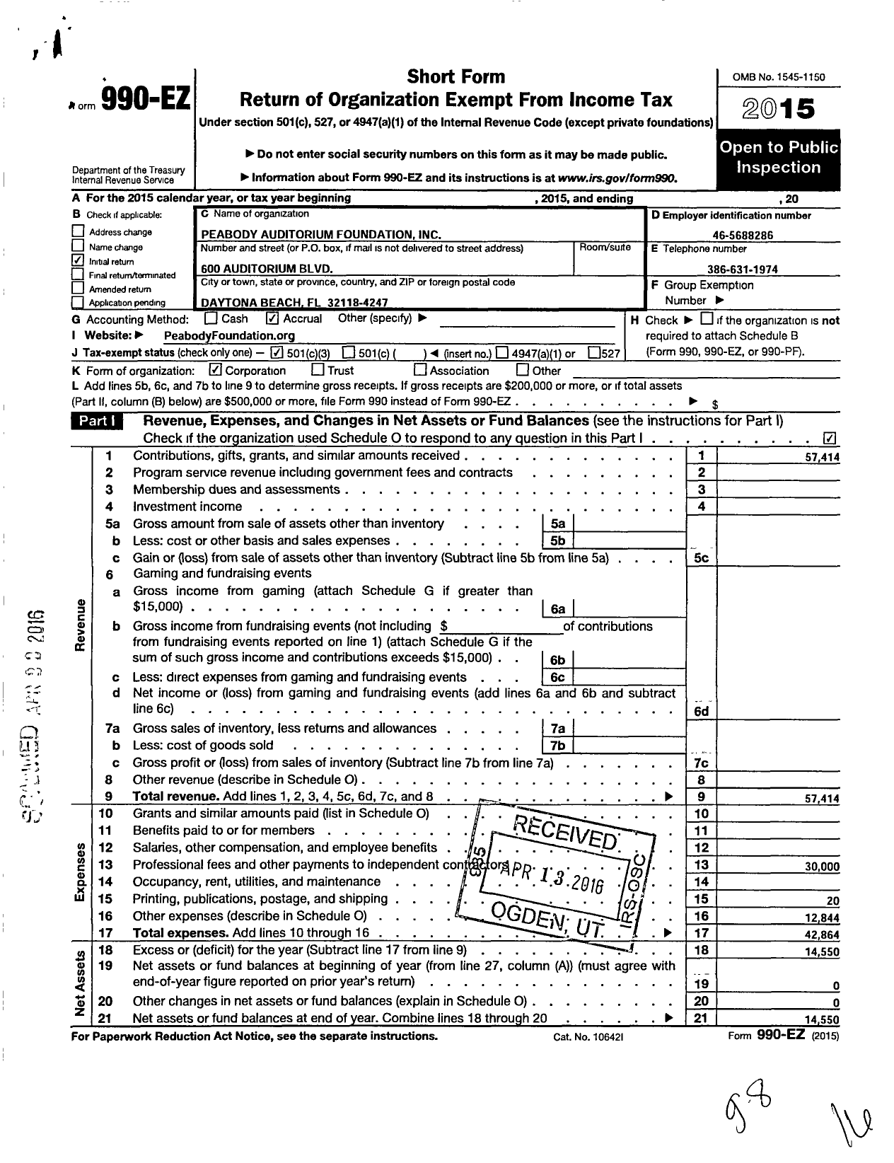 Image of first page of 2015 Form 990EZ for Peabody Auditorium Foundation