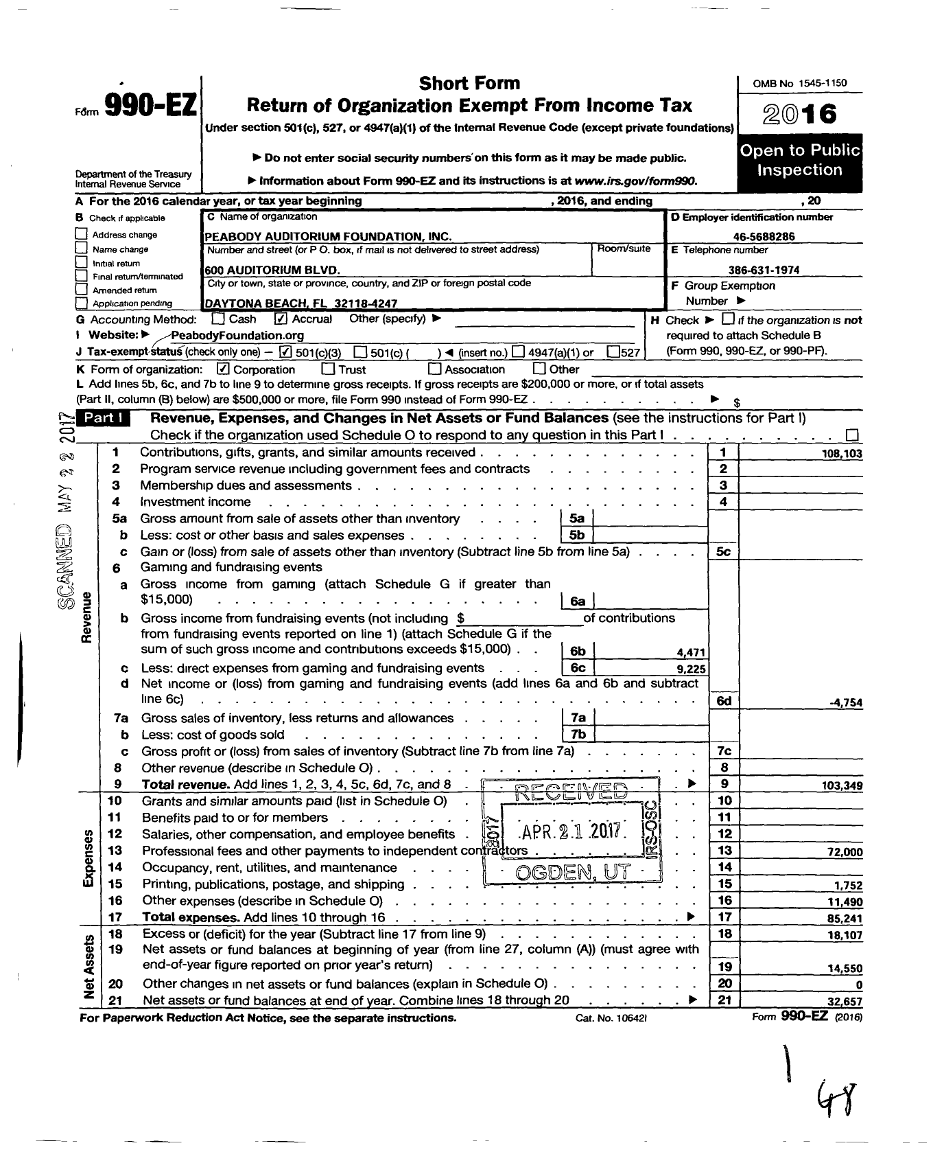 Image of first page of 2016 Form 990EZ for Peabody Auditorium Foundation
